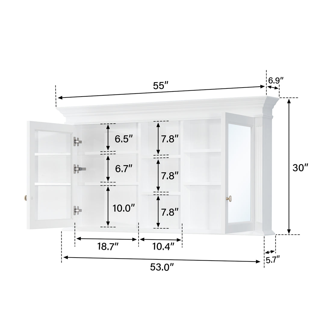 55 in. W x 30 in. H Rectangular Solid Wood Surface-Mount Medicine Cabinet with Mirror in White