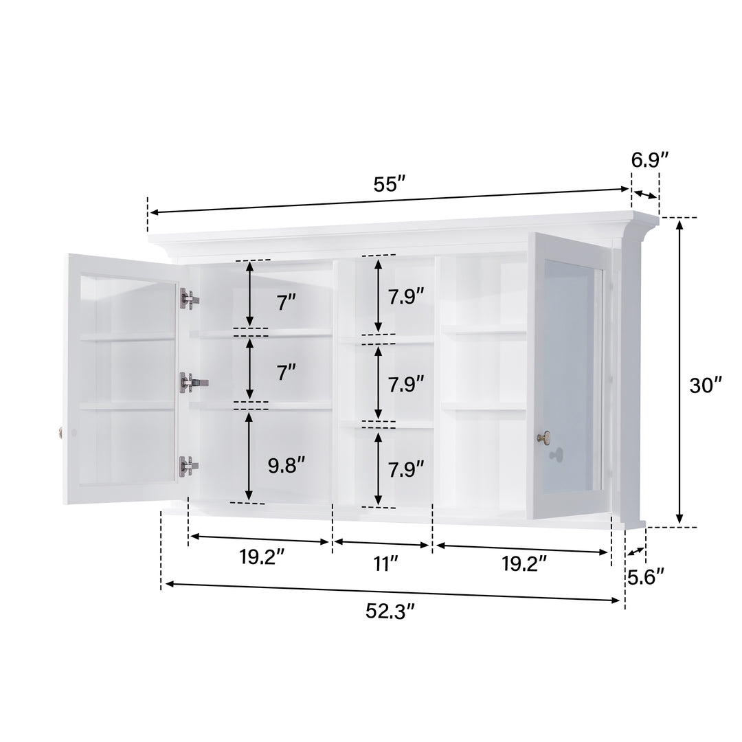 55 in.W x 30 in.H Surface-Mount Bathroom Medicine Cabinet with Mirror in White