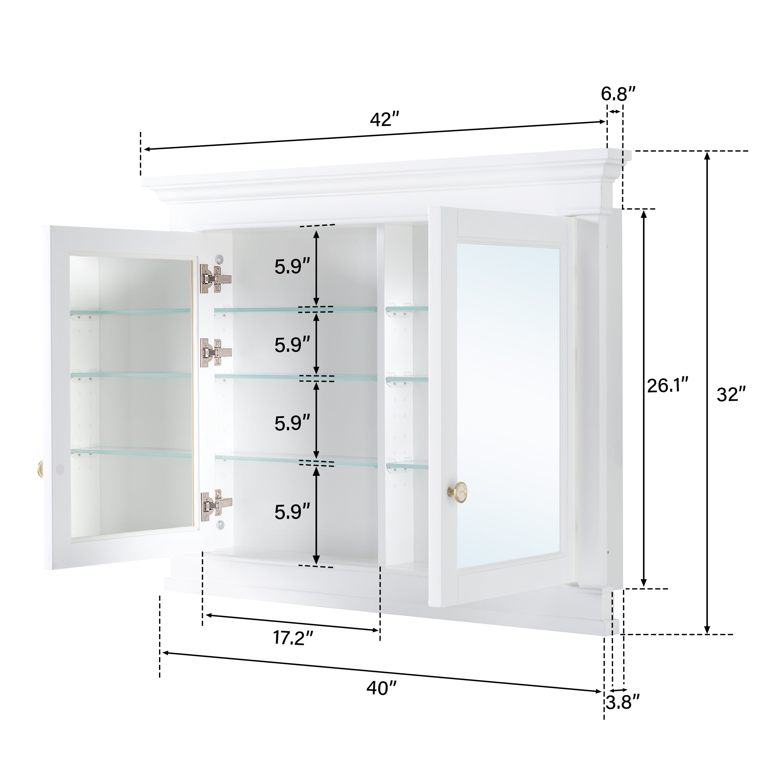 42 in.  W x 32 in.  H White Wood Recessed Bathroom Medicine Cabinet with Mirror