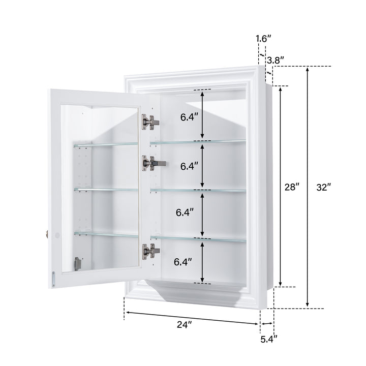 24 in.W x 32 in.H Recessed Bathroom Medicine Cabinet with Mirror in White