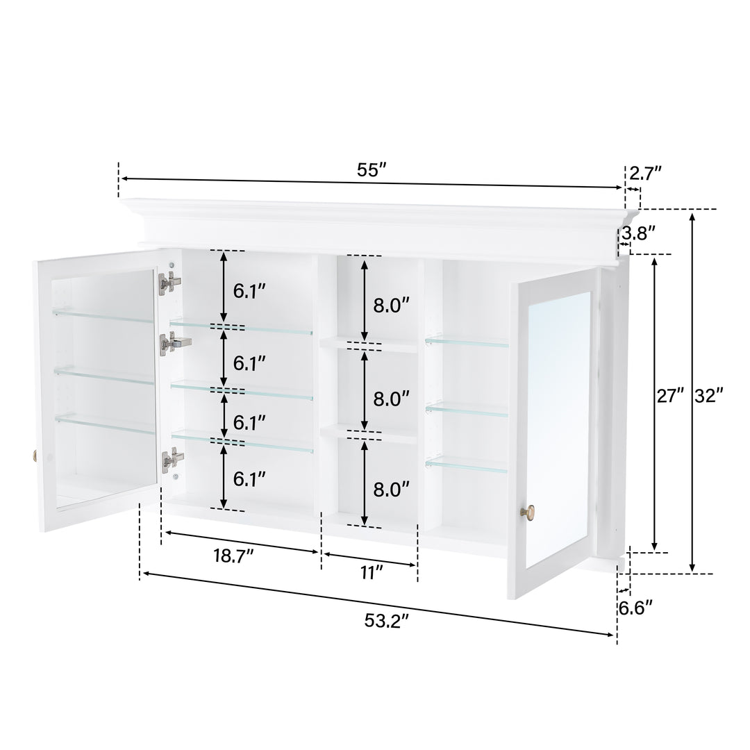 55 in.W x 32 in.H Recessed Bathroom Medicine Cabinet with Mirror in White