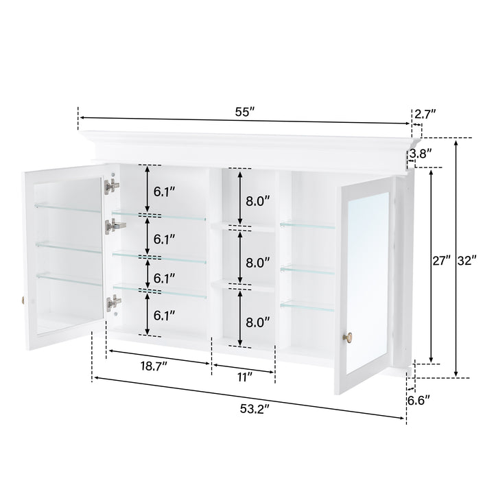 55 in.W x 32 in.H Recessed Bathroom Medicine Cabinet with Mirror in White