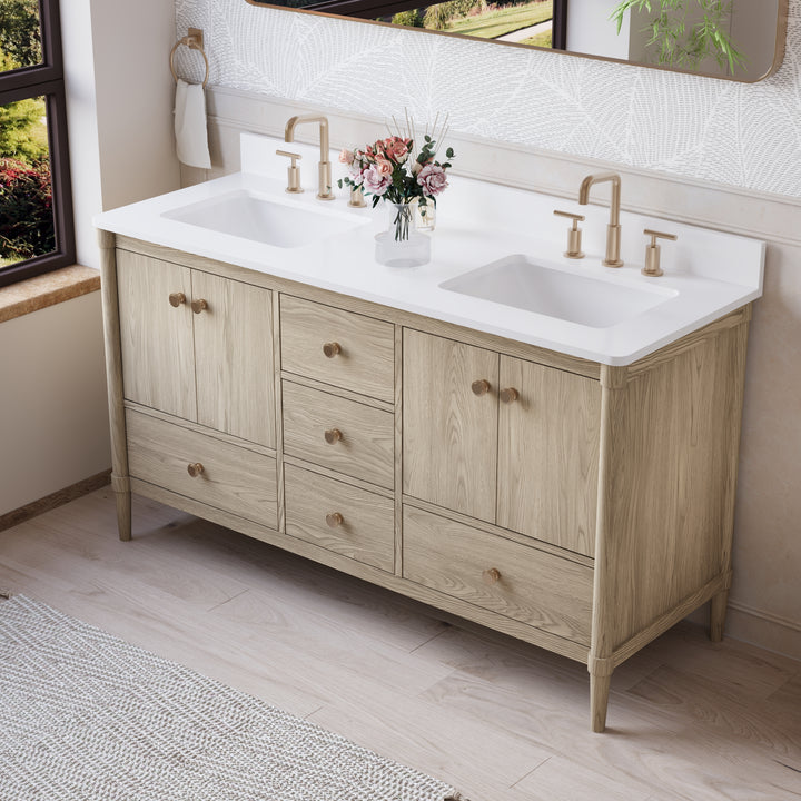 60-Inch Freestanding Oak Bathroom Vanity with White Quartz Top Sinks