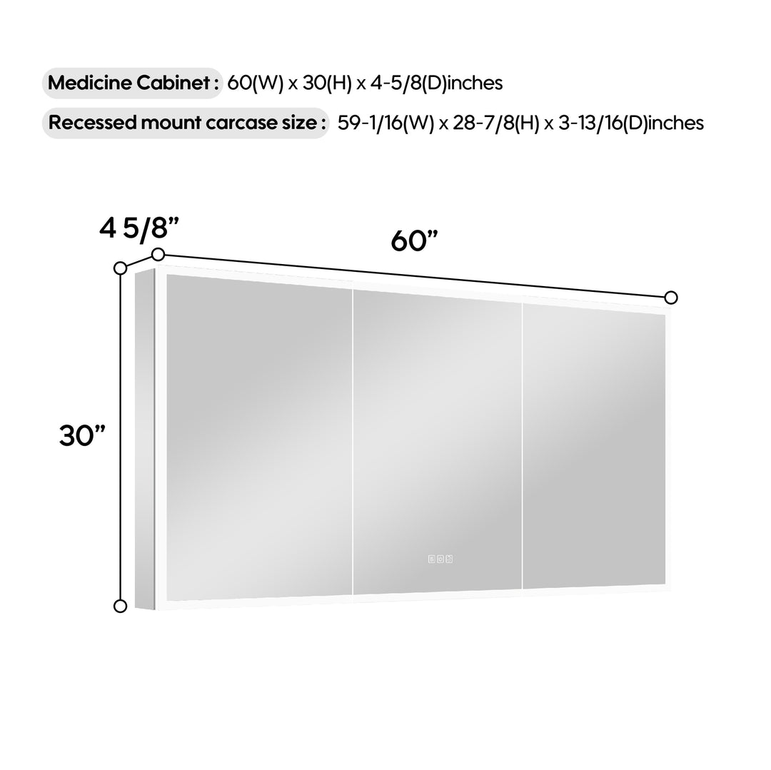 60 in. x 30 in. Rectangular Recessed/Surface Mount Medicine Cabinet with Mirror and LED Light