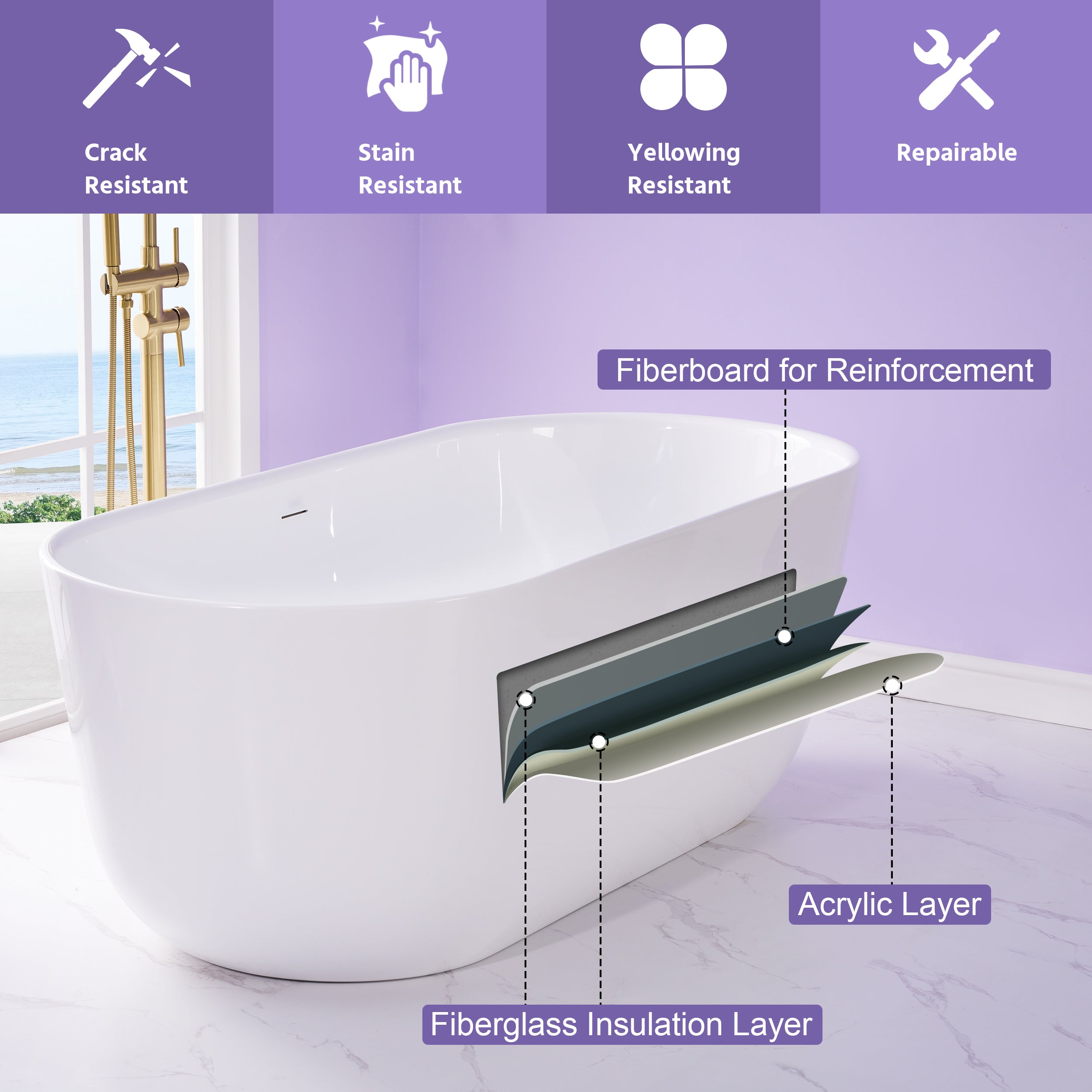 67" Freestanding Glossy White Acrylic Bathtub with Integrated Overflow