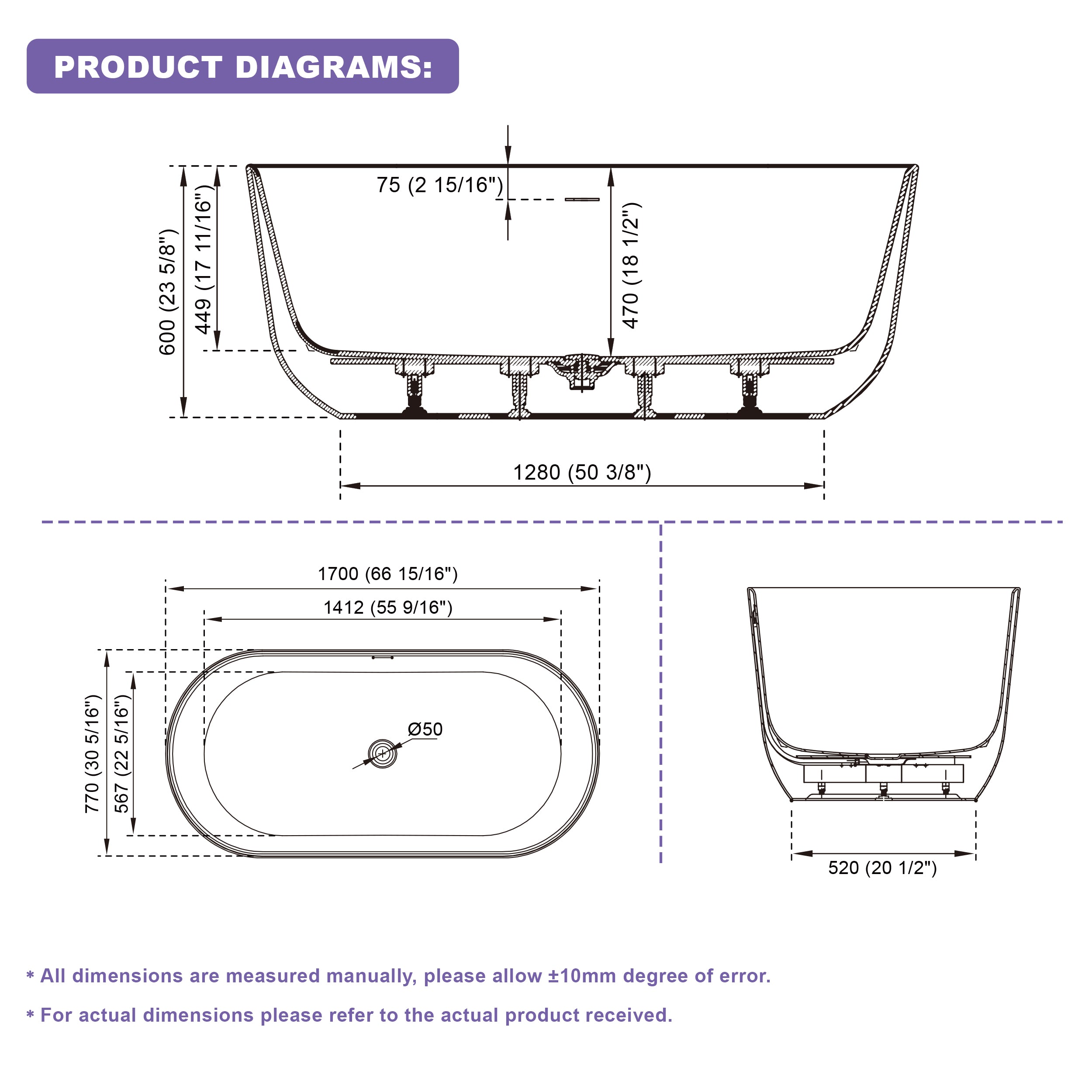 67" Freestanding Glossy White Acrylic Bathtub with Integrated Overflow