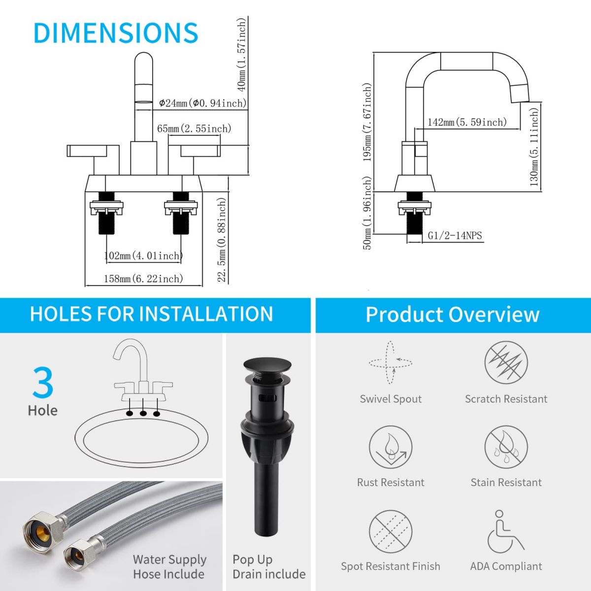 Matte Black 2 Handle 4 Inch Centerset Bathroom Faucet with Pop Up Drain and Supply Lines