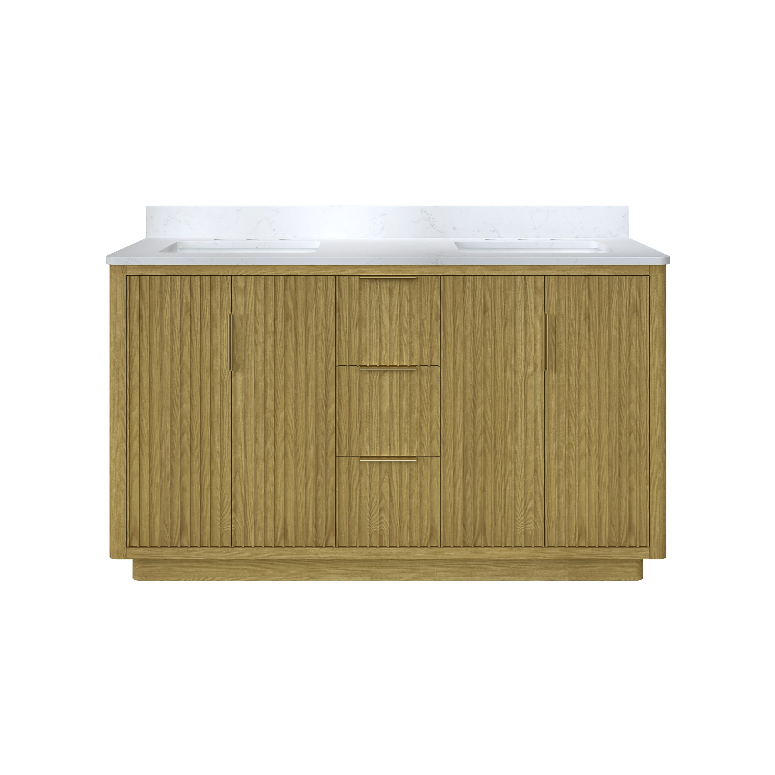 60 in. Oak Freestanding Solid Wood Bathroom Vanity with White Quartz Countertop