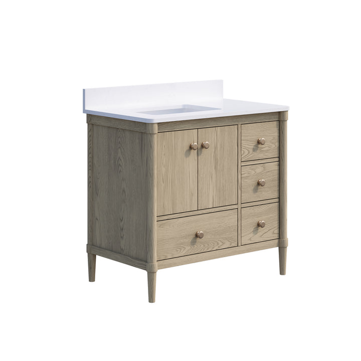 36-Inch Freestanding Oak Bathroom Vanity with White Quartz Top Sink