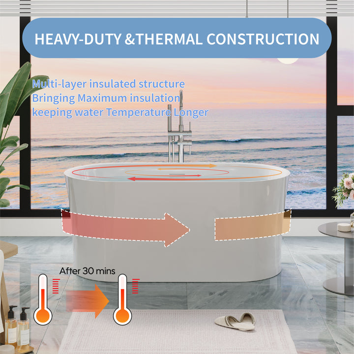 59" Acrylic Freestanding Soaking Bathtub in White with Overflow and Drain