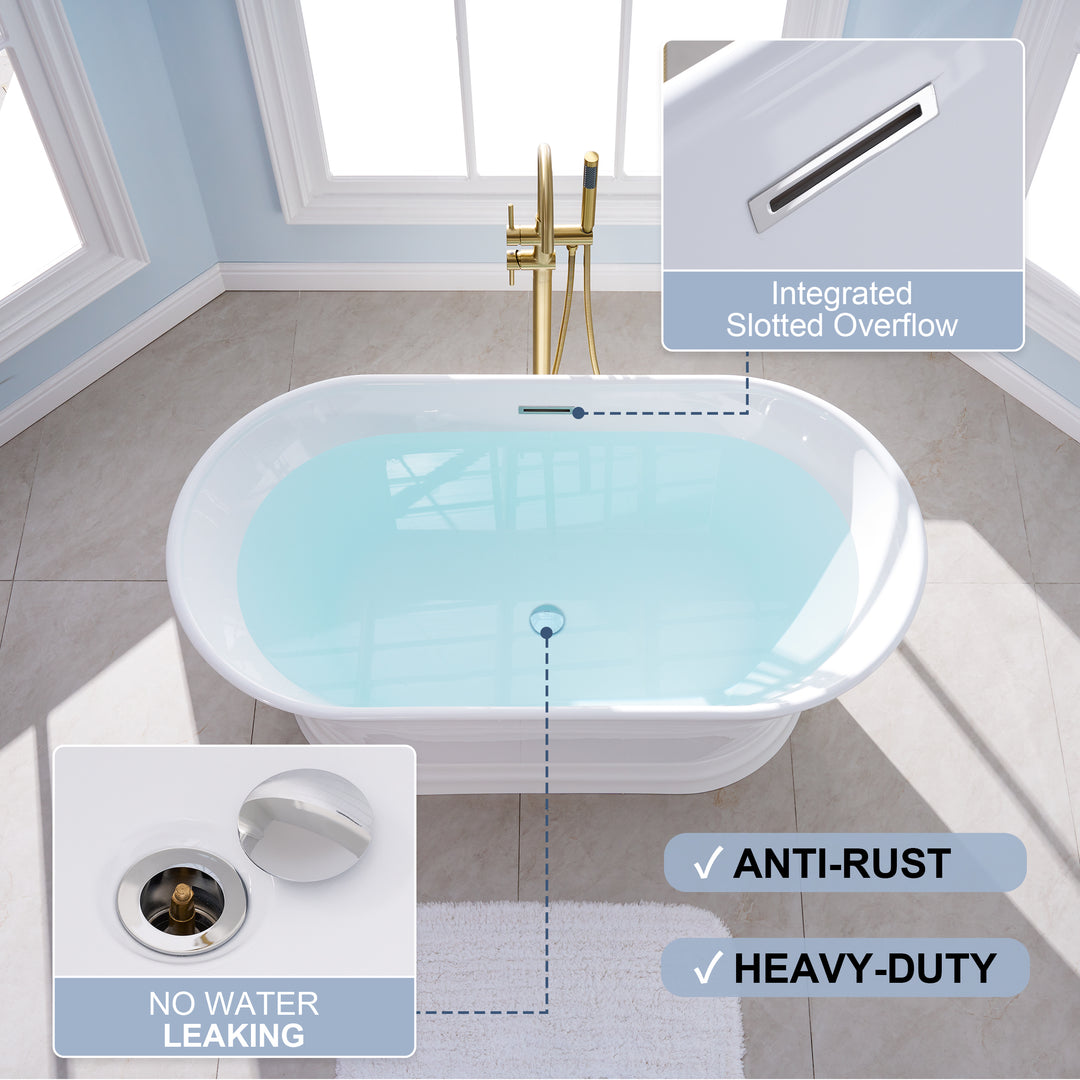 59" Acrylic Freestanding Soaking Bathtub in White with Overflow and Drain