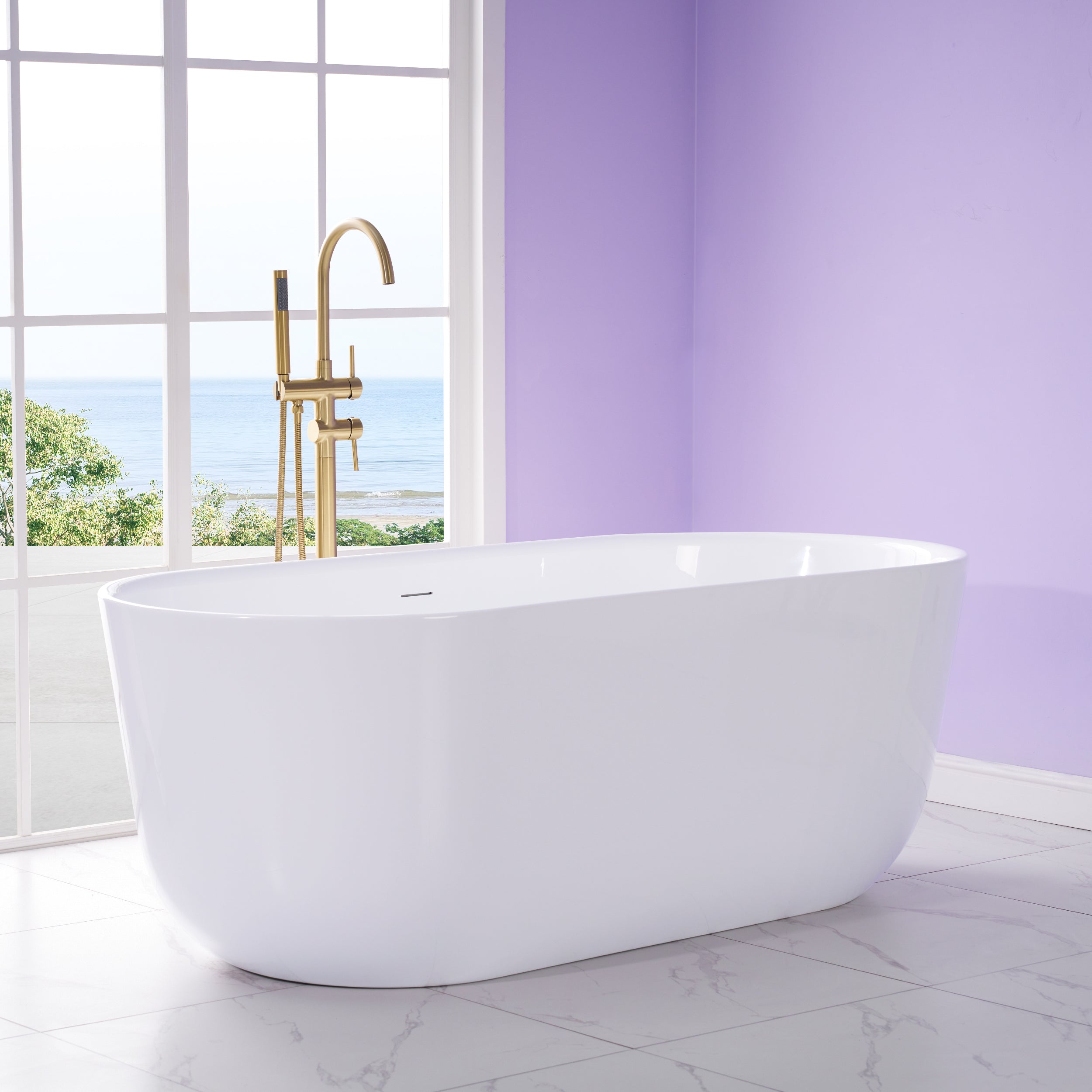 67" Freestanding Glossy White Acrylic Bathtub with Integrated Overflow