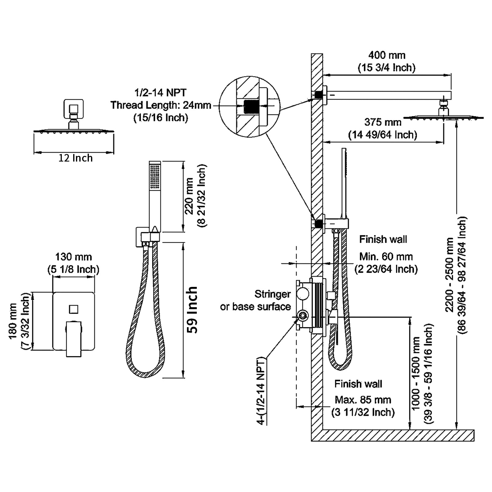 12-In Wall-Mounted Shower System with Valve