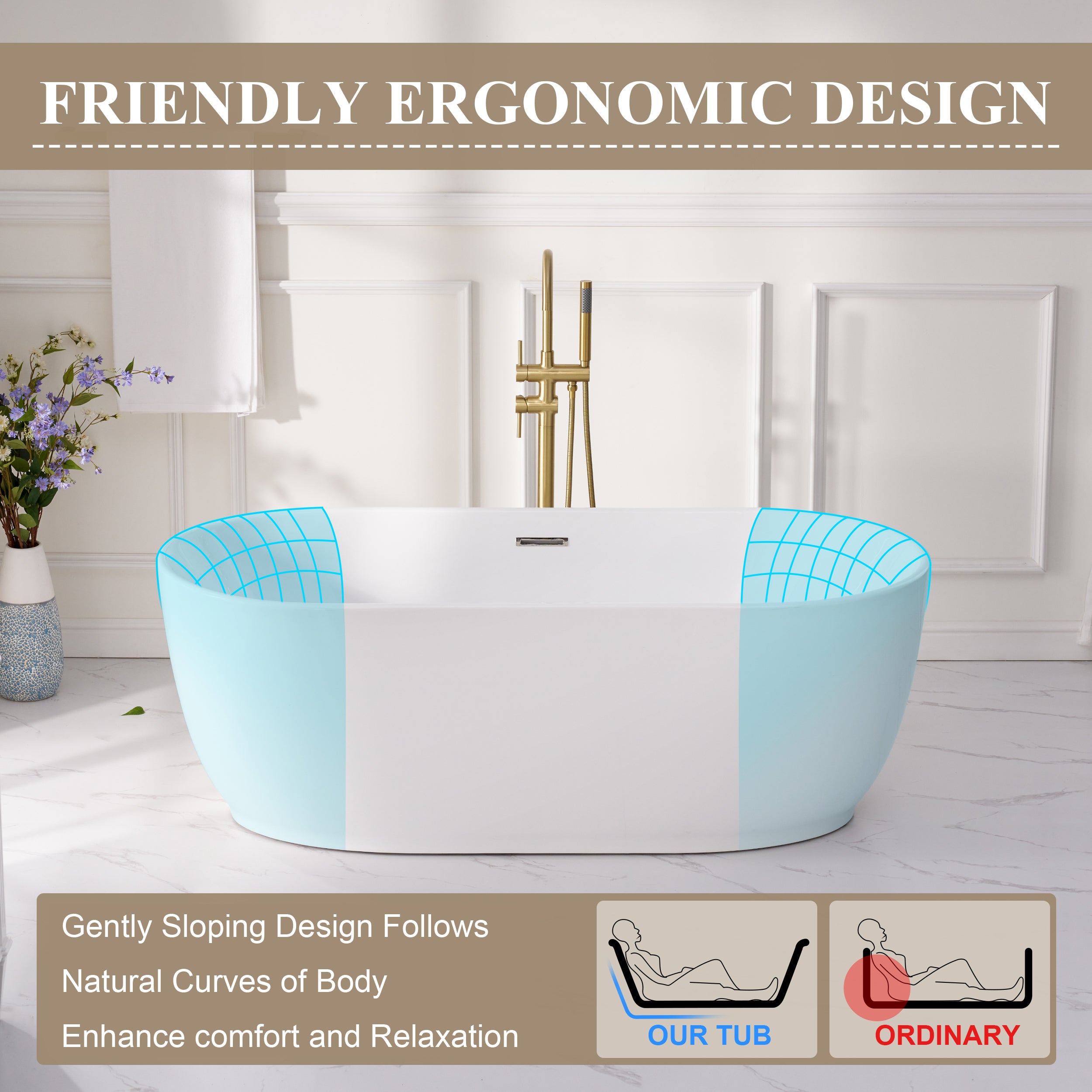 67" Acrylic Freestanding Soaking Bathtub in White with Overflow and Drain