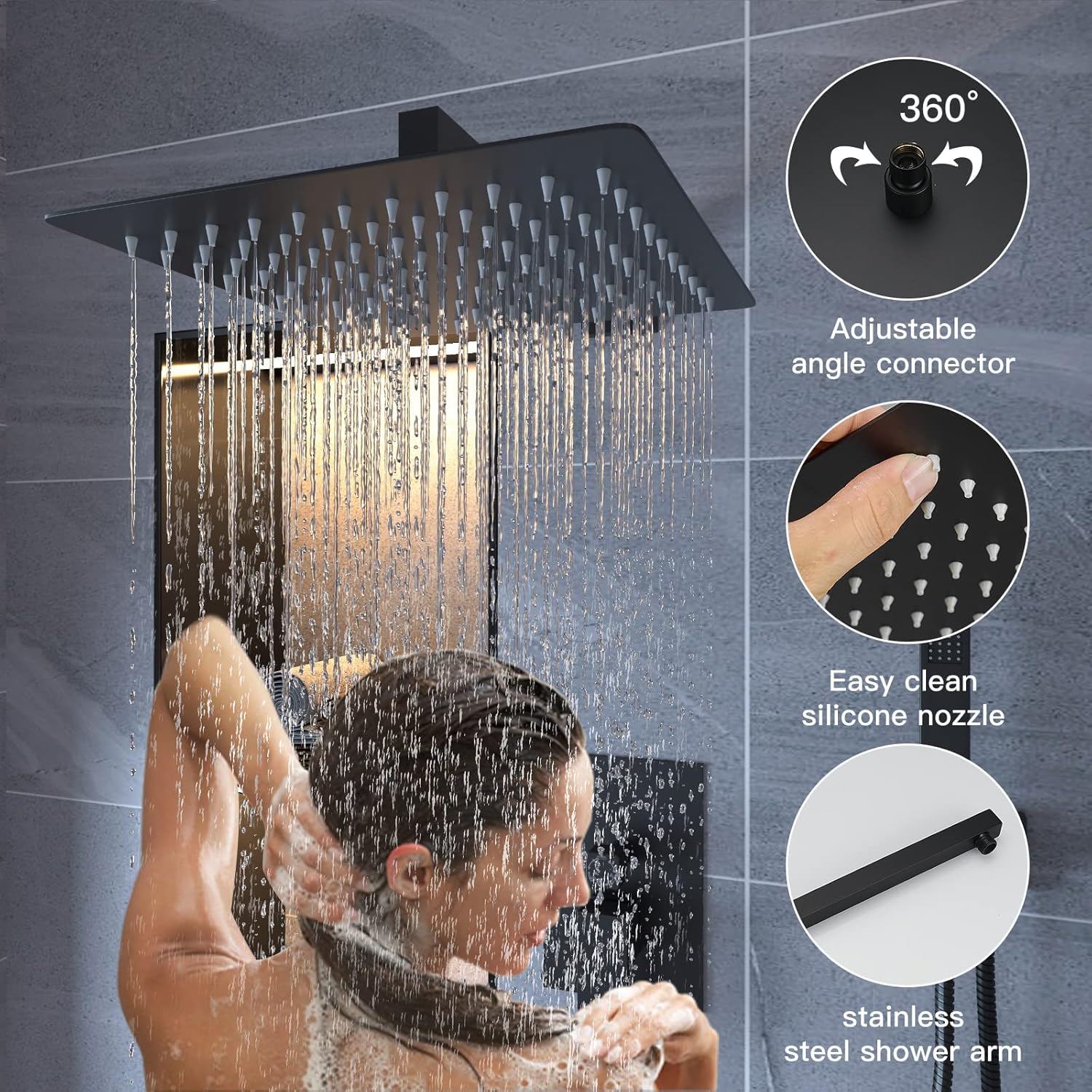 12 in 3-Spray Pattern Matte Black Wall Mount Dual Shower Head with Valve