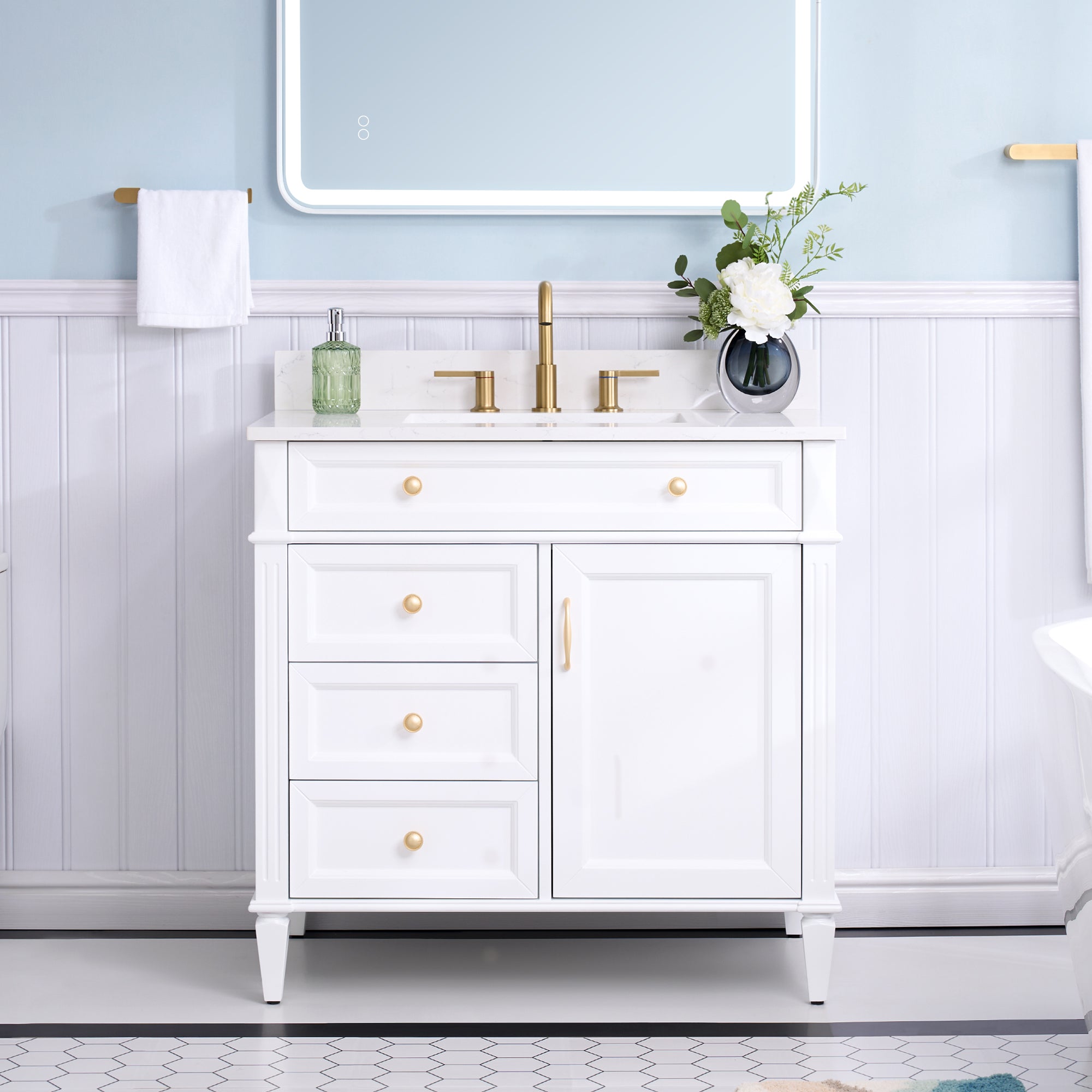 36 in. Bathroom Vanity in White with Quartz Vanity Top in Carrara with Single White Basin