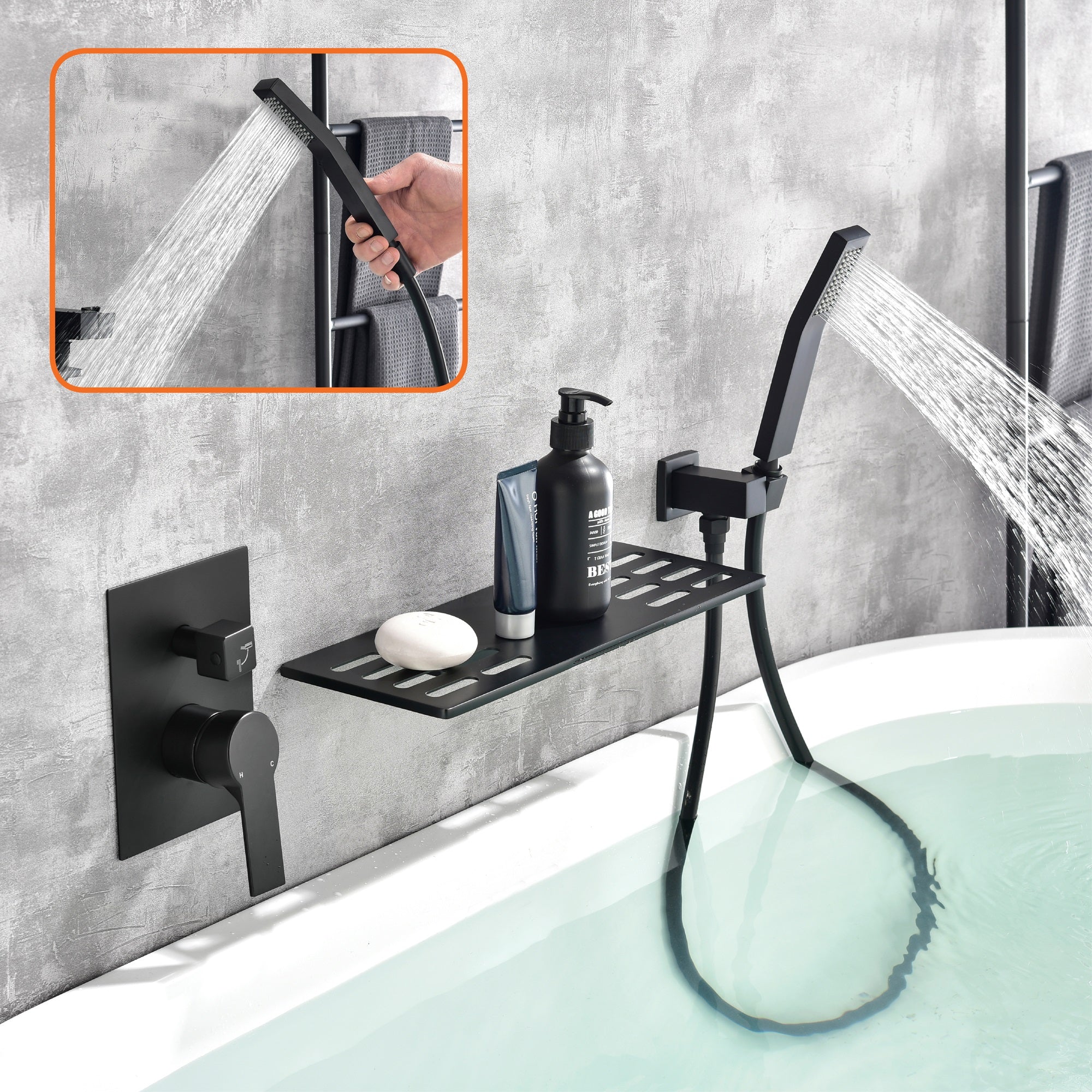 Matte Black Single Handle Tub Faucet with Hand Shower and Openwork Platform