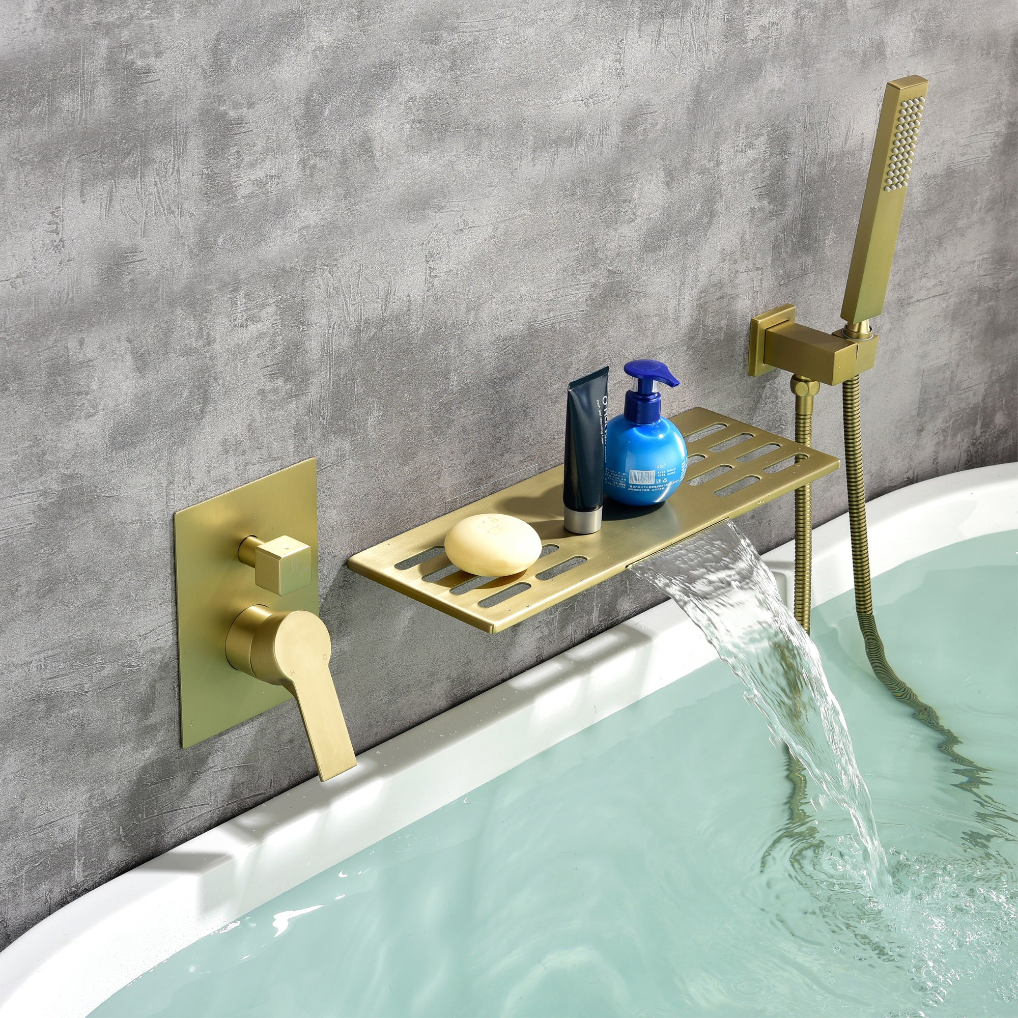 Single Handle Tub Faucet with Hand Shower and Openwork Platform