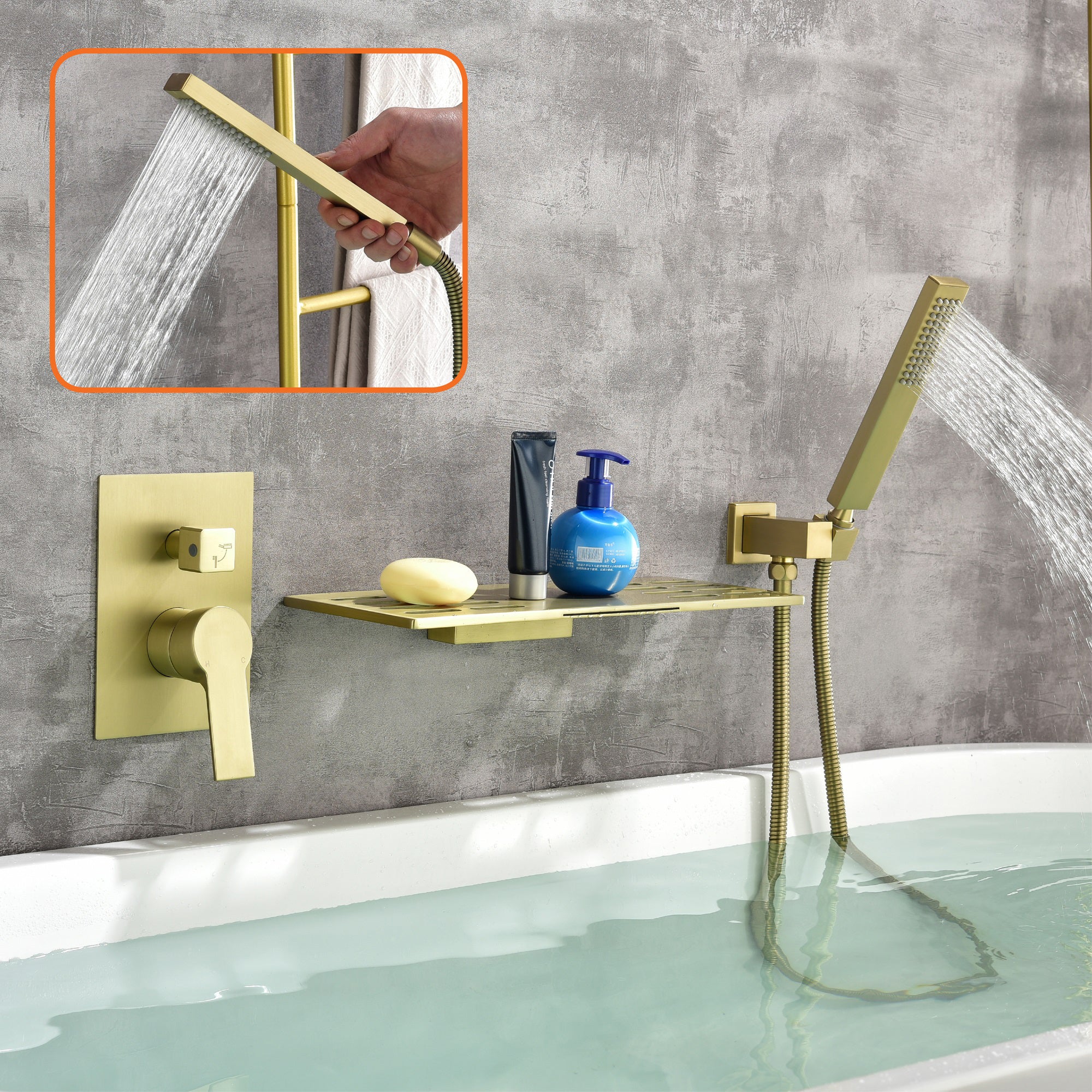 Single Handle Tub Faucet with Hand Shower and Openwork Platform