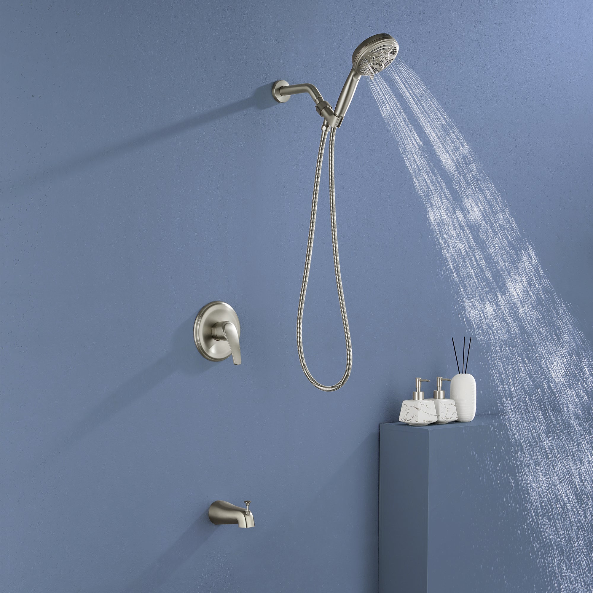 Brushed Nickel 9-function Hand Shower and Bathtub Faucet