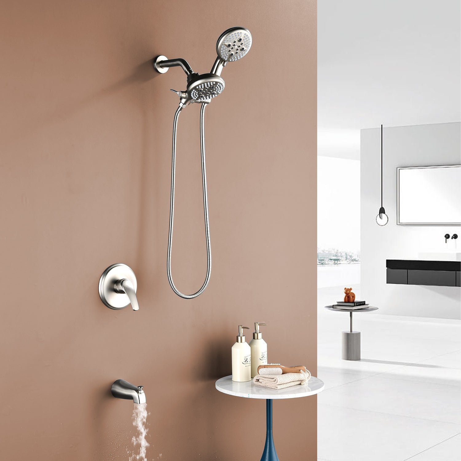 Brushed Nickel 5-function Hand Shower and Bathtub Faucet