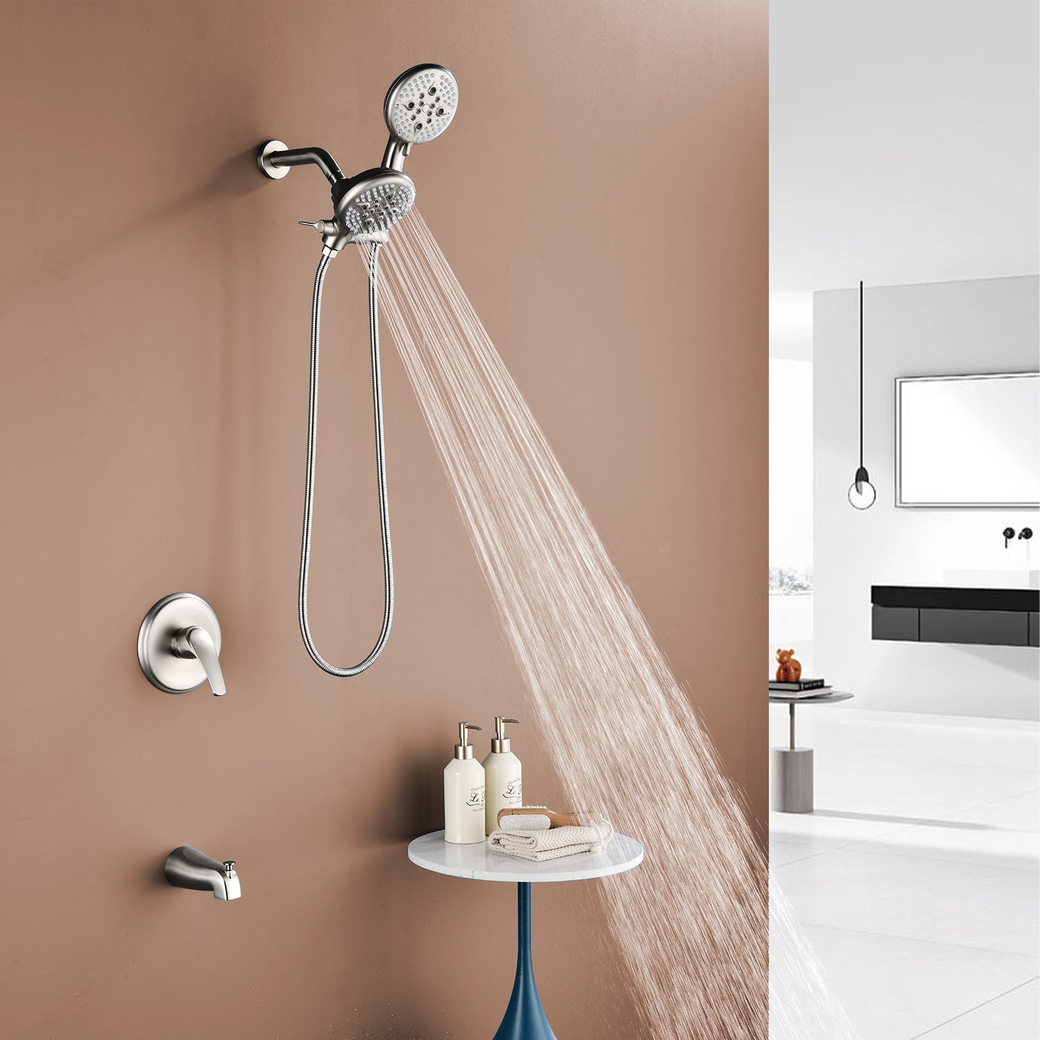 Brushed Nickel 5-function Hand Shower and Bathtub Faucet