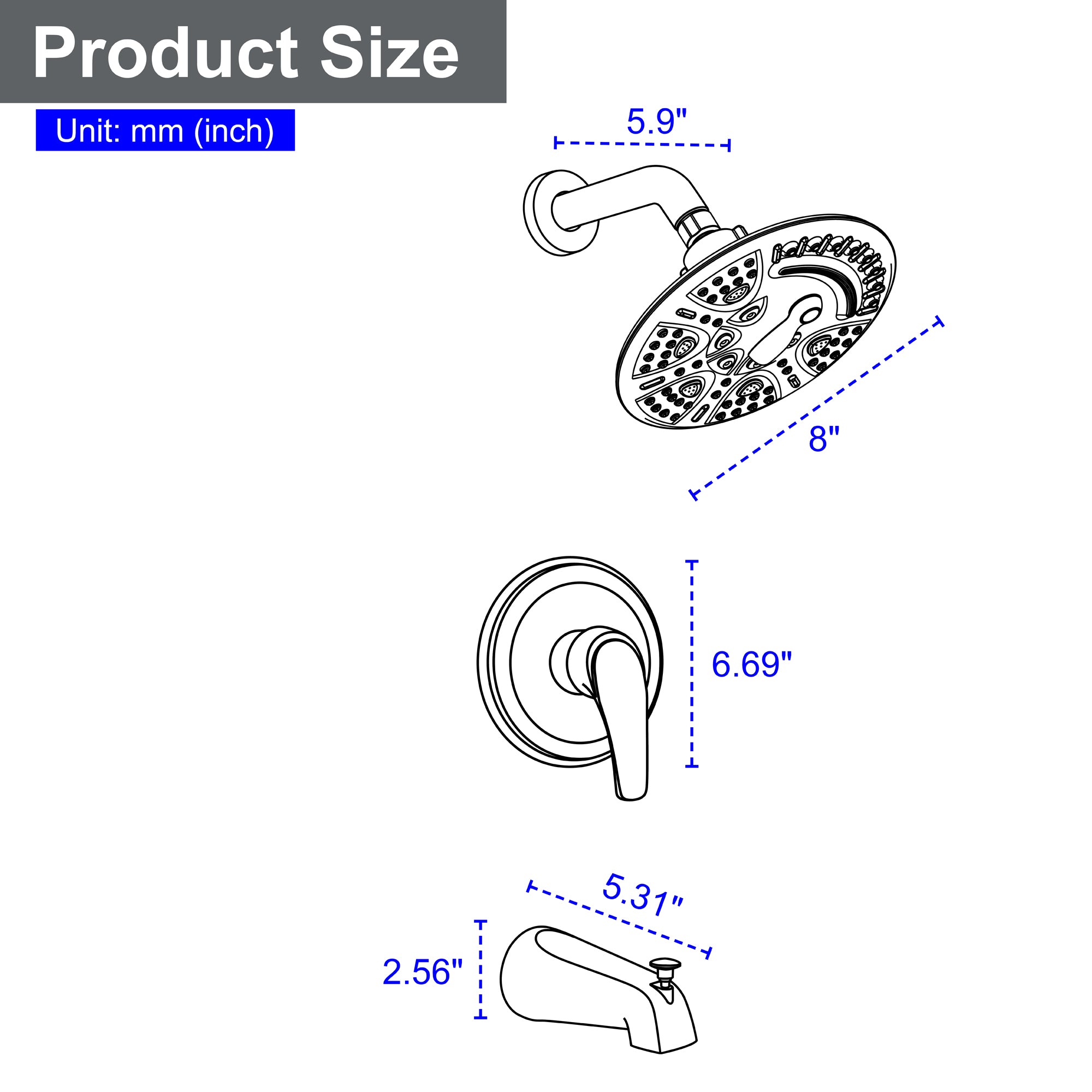 Two Functions Shower Faucet Set With Waterfall Tub Spout Wall Mounted Shower System With Round-in Valve