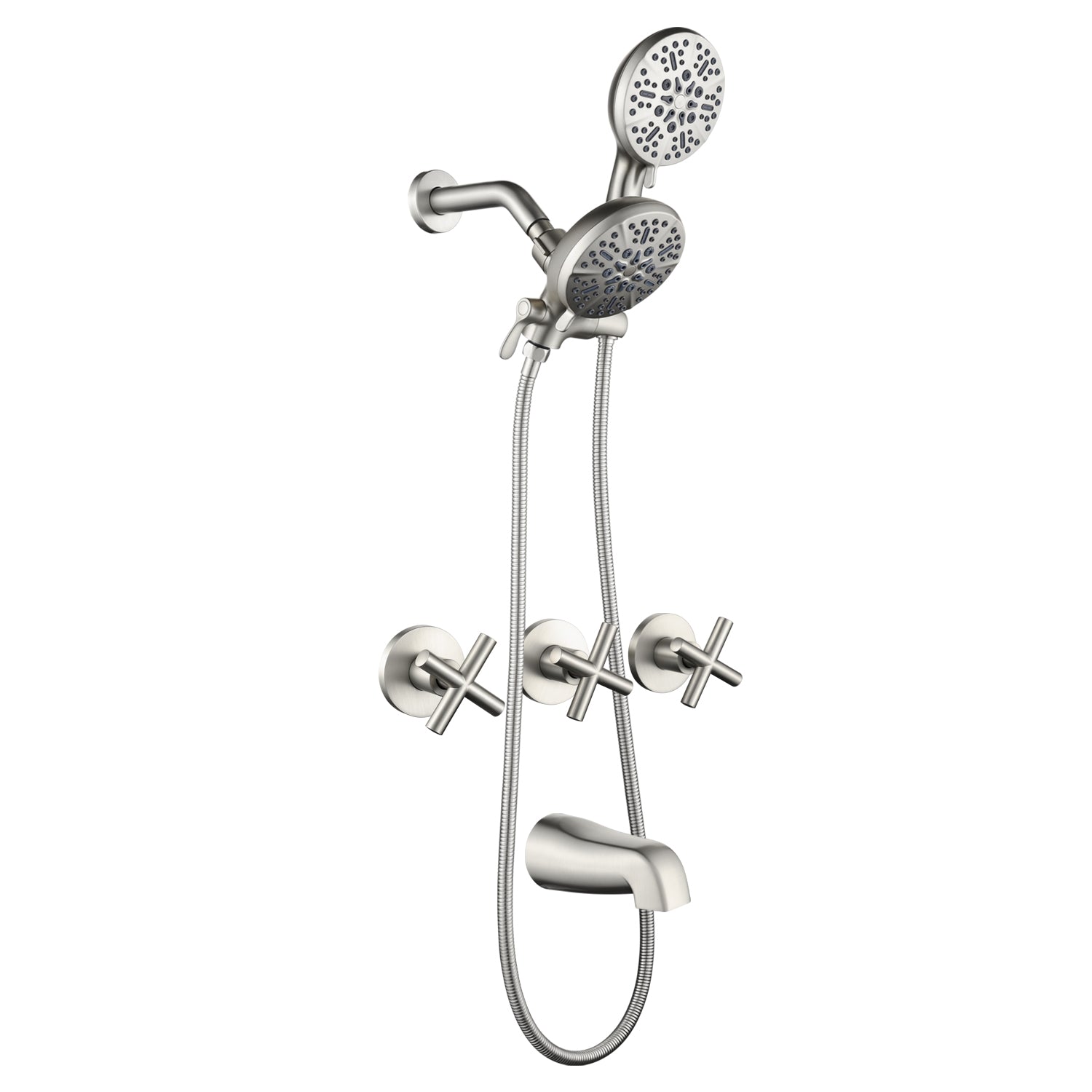 Brushed Nickel Double Head Shower Faucet with 7 Spray Functions Shower System