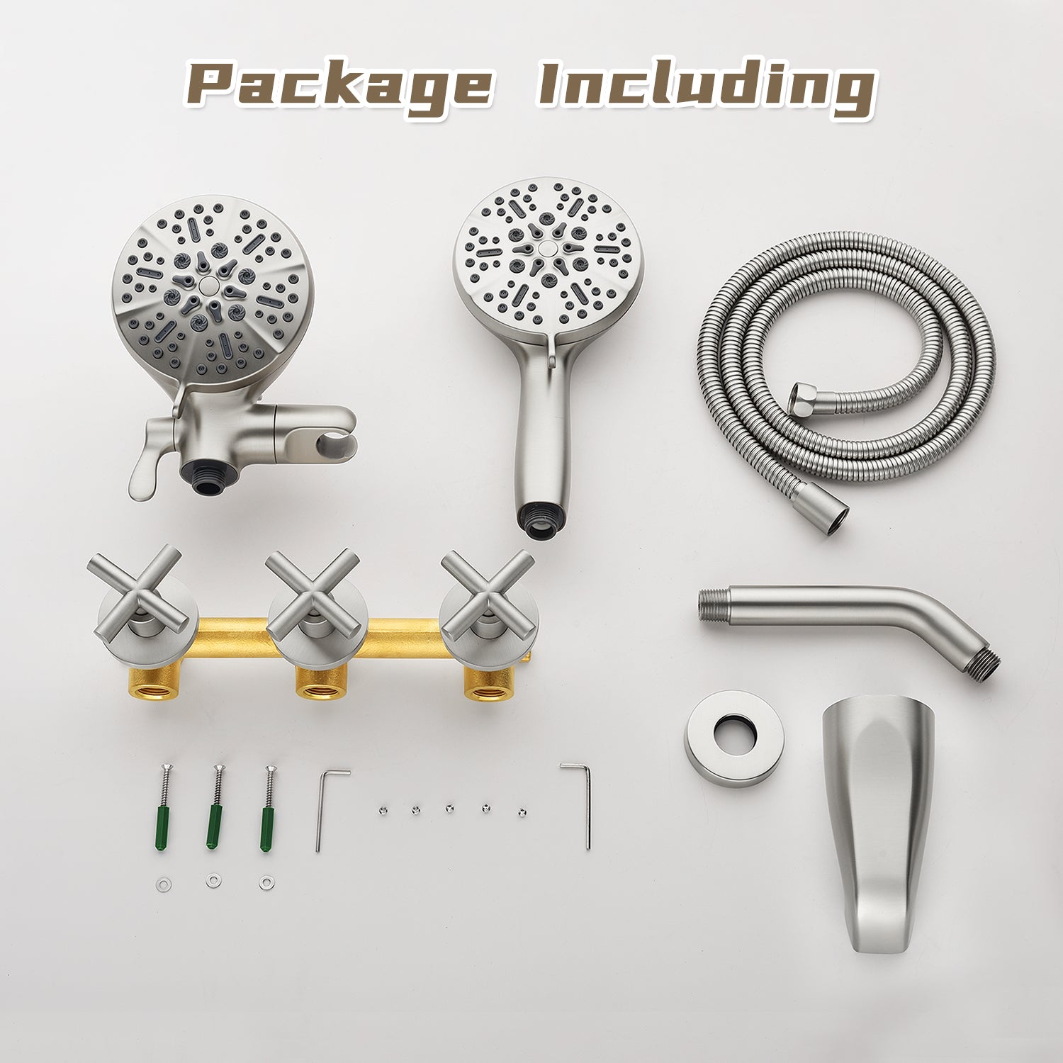 Brushed Nickel Double Head Shower Faucet with 7 Spray Functions Shower System