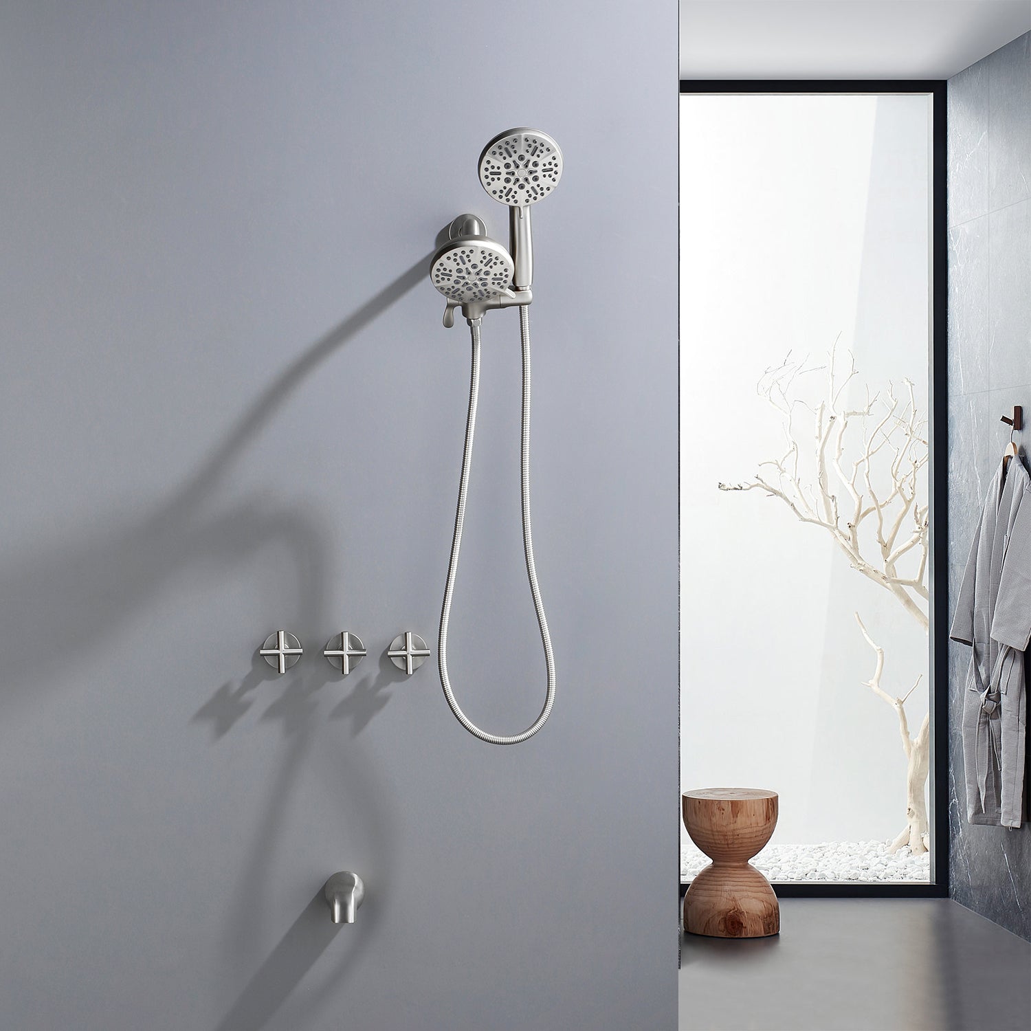 Brushed Nickel Double Head Shower Faucet with 7 Spray Functions Shower System