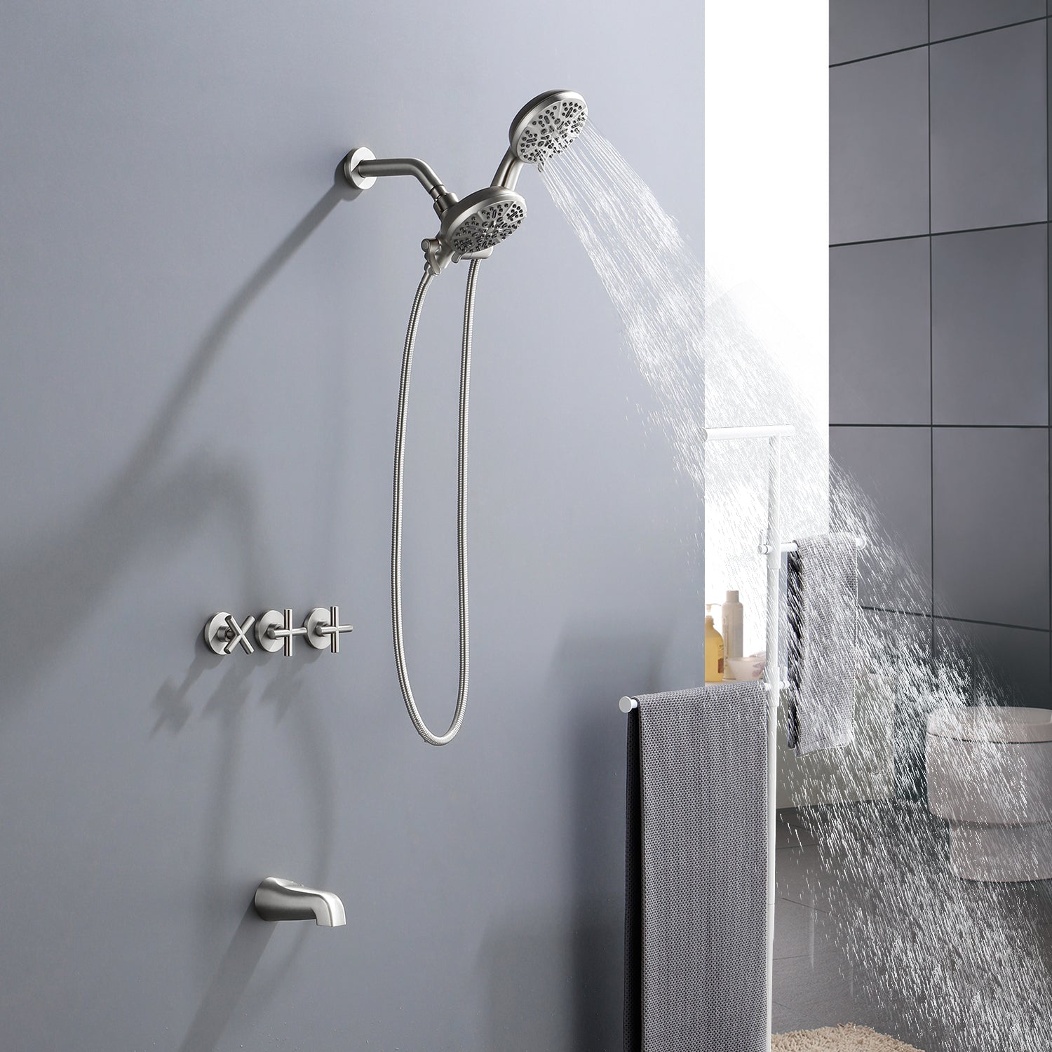 Brushed Nickel Double Head Shower Faucet with 7 Spray Functions Shower System