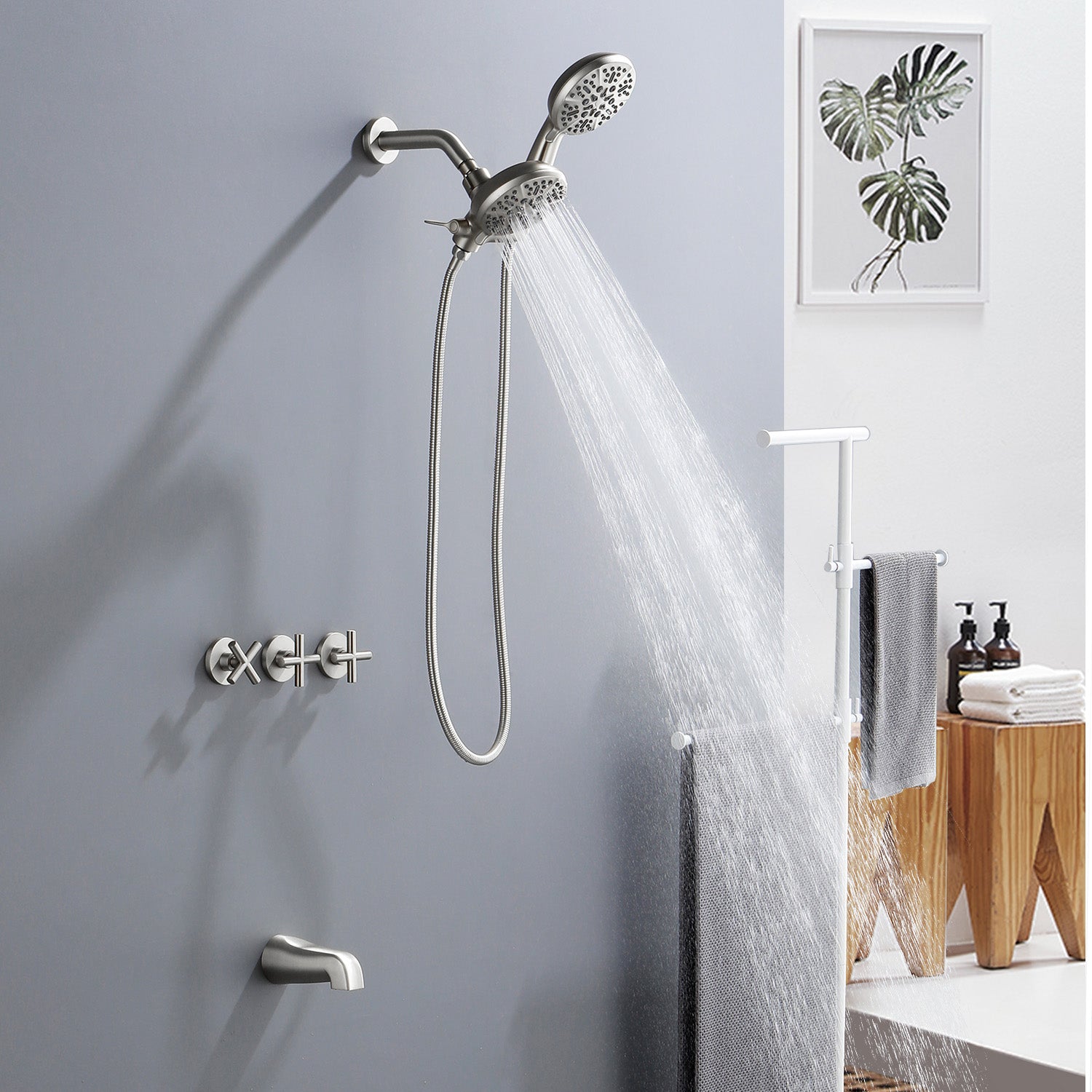 Brushed Nickel Double Head Shower Faucet with 7 Spray Functions Shower System