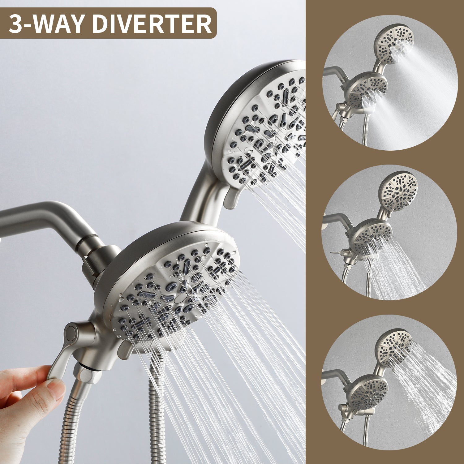 Brushed Nickel Double Head Shower Faucet with 7 Spray Functions Shower System