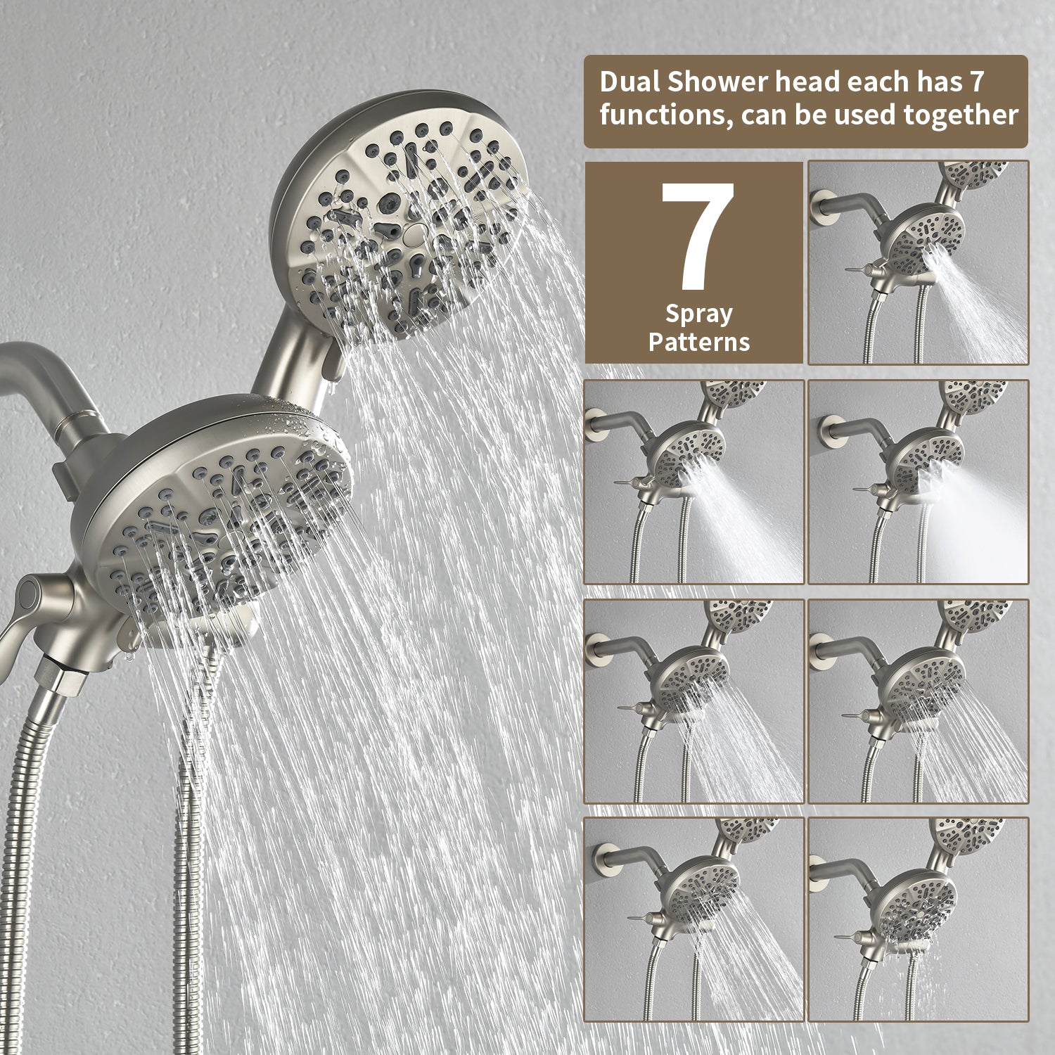 Brushed Nickel Double Head Shower Faucet with 7 Spray Functions Shower System