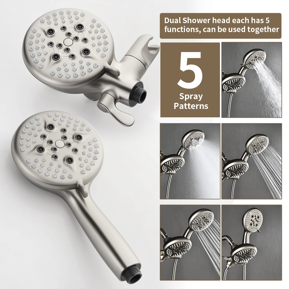 Brushed Nickel Dual Heads Shower Faucet with 5-Spray Function Shower System