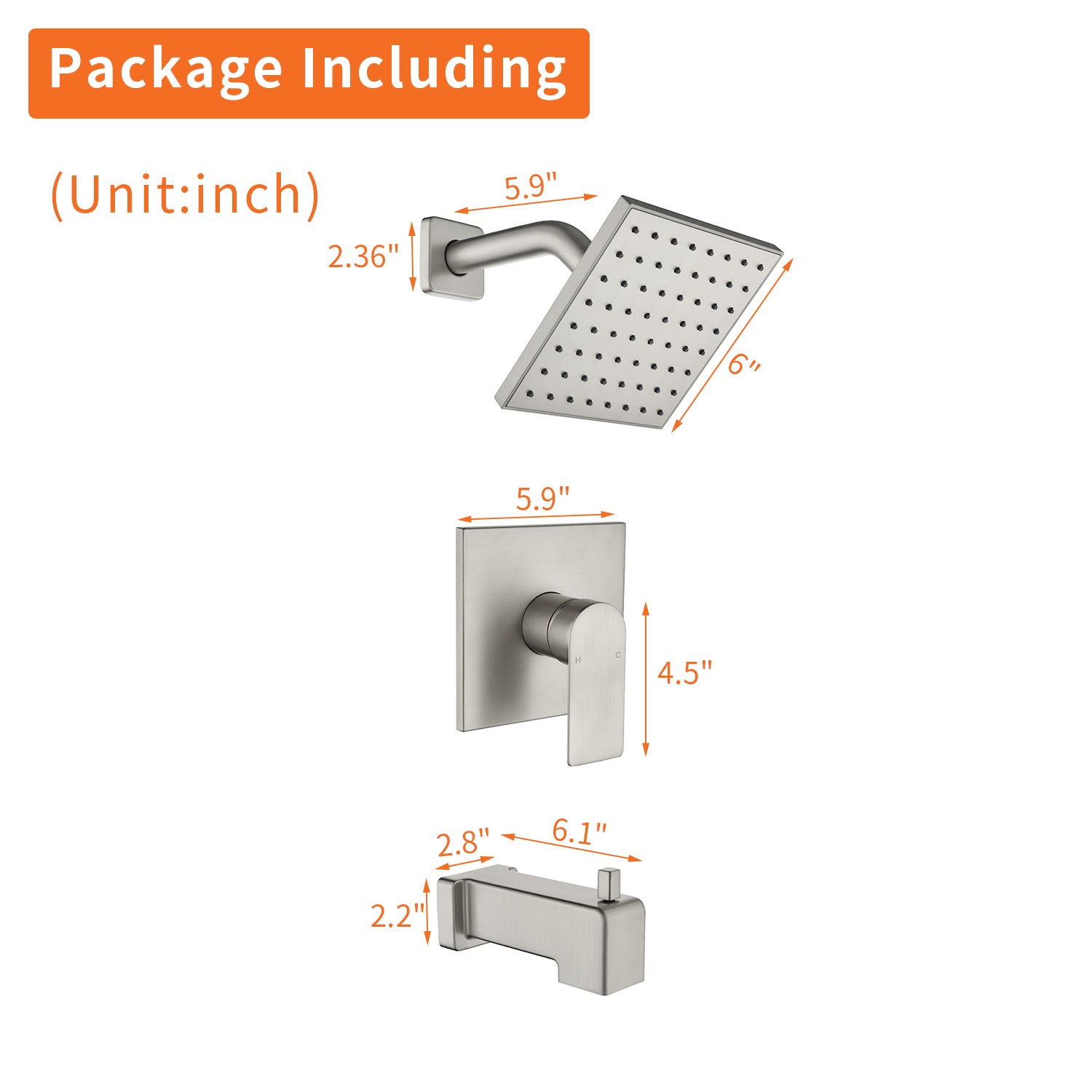 6-in Square ABS Square Brushed Nickel Top Spray Shower with Bathtub Faucet