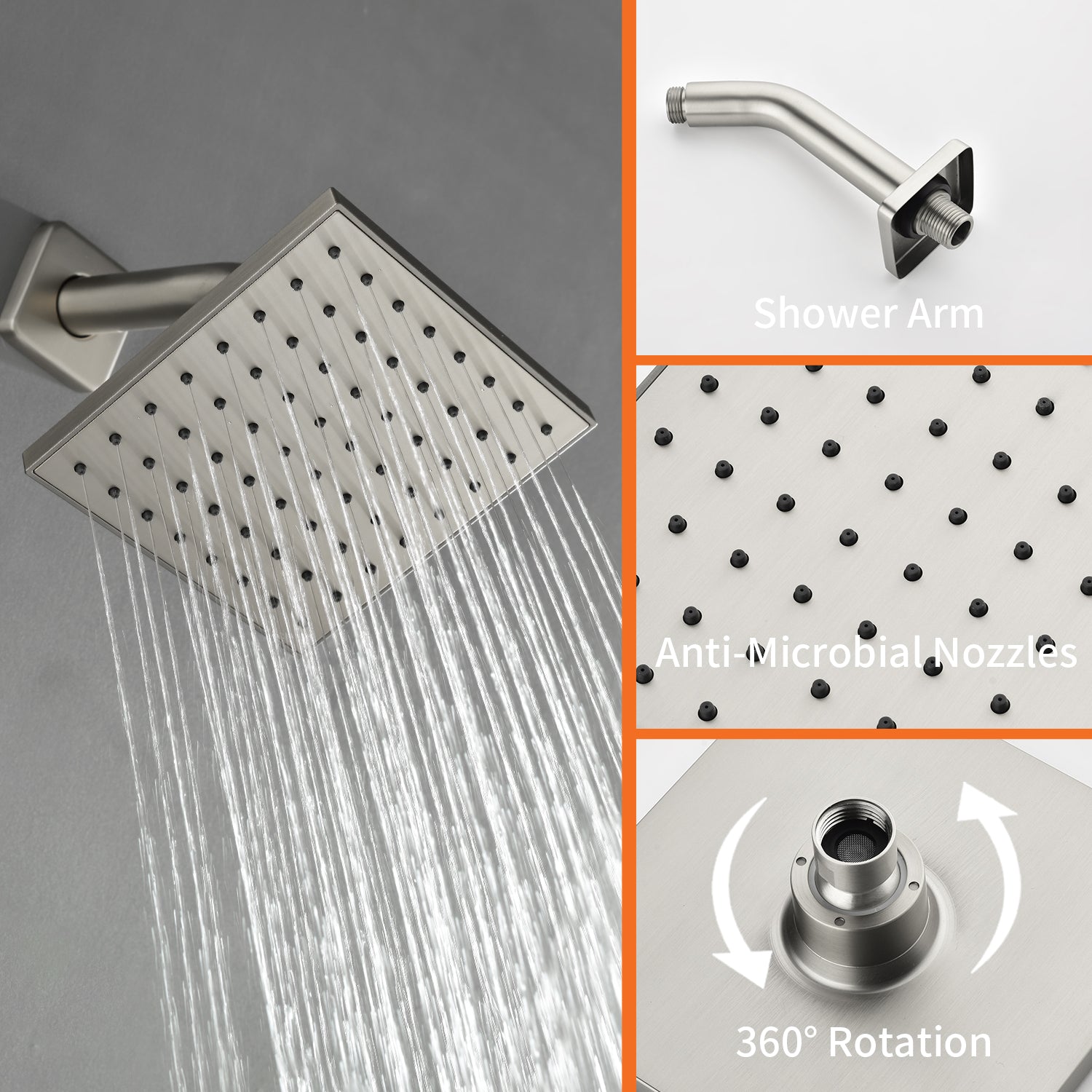 6-in Square ABS Square Brushed Nickel Top Spray Shower with Bathtub Faucet