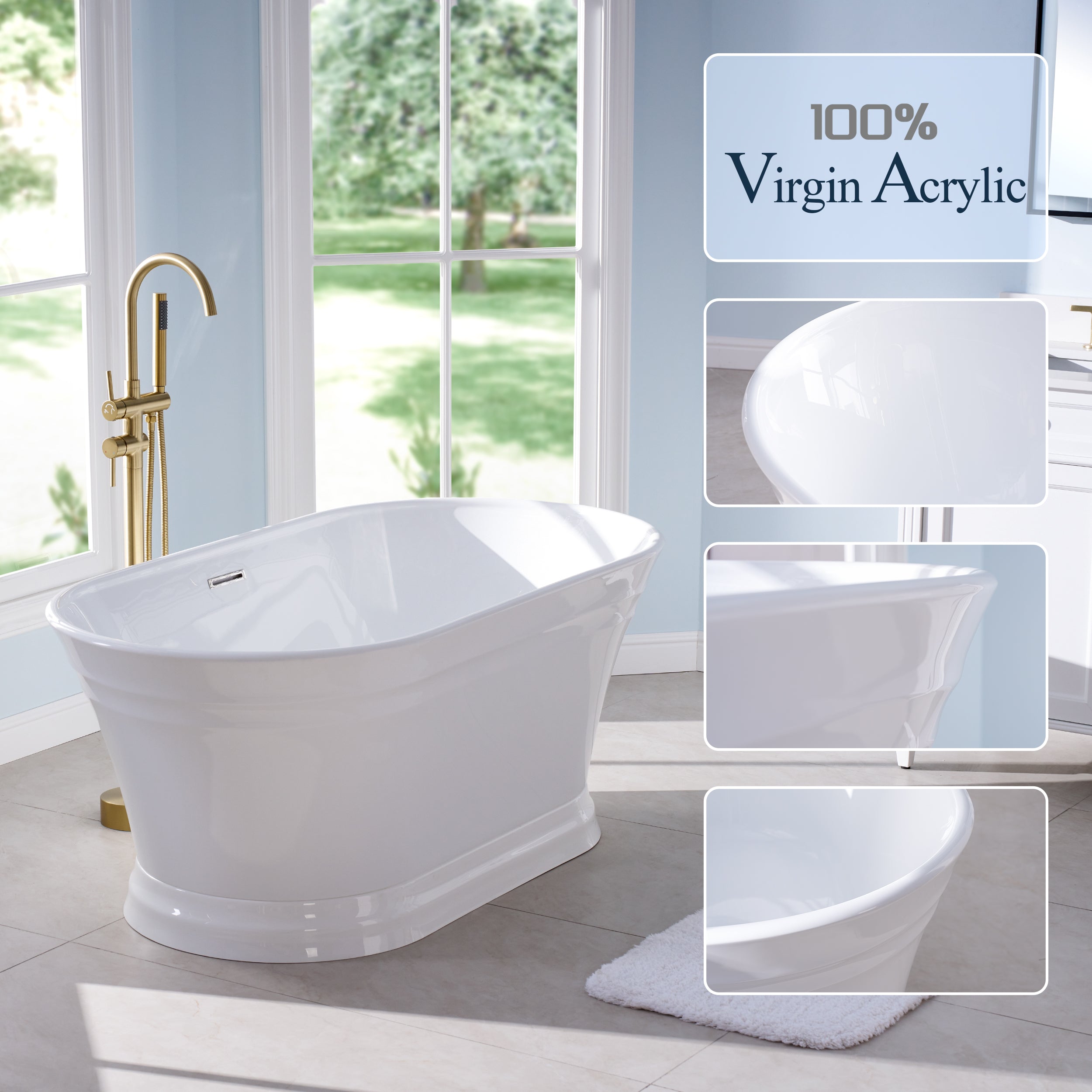 59" Acrylic Freestanding Soaking Bathtub in White with Overflow and Drain