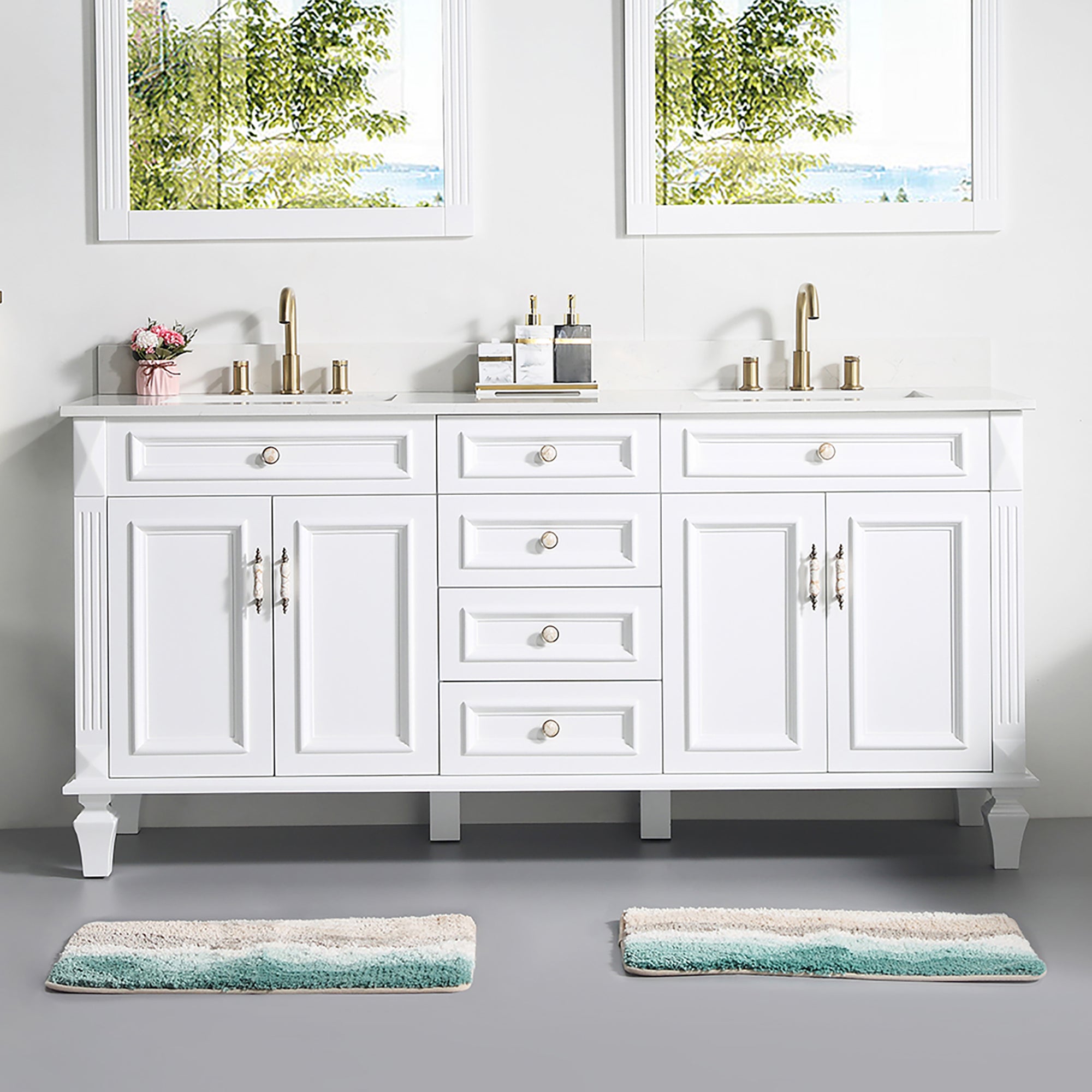 72 in. White Freestanding Solid Wood Bathroom Vanity Storage Organizer with Carrara White Quartz Countertop