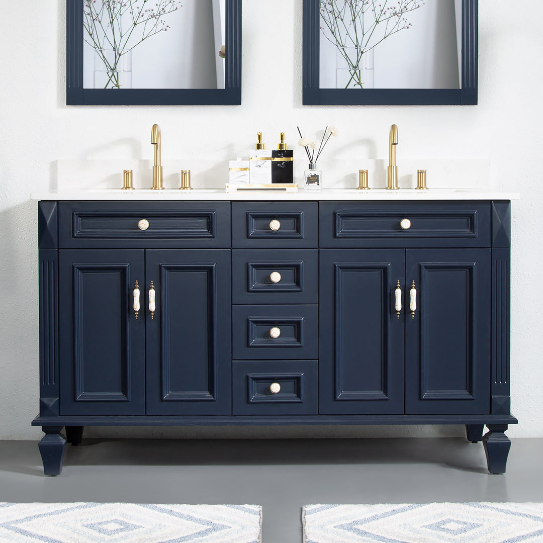 60 in. Navy Blue Freestanding Solid Wood Bathroom Vanity Storage Organizer with Carrara White Quartz Countertop