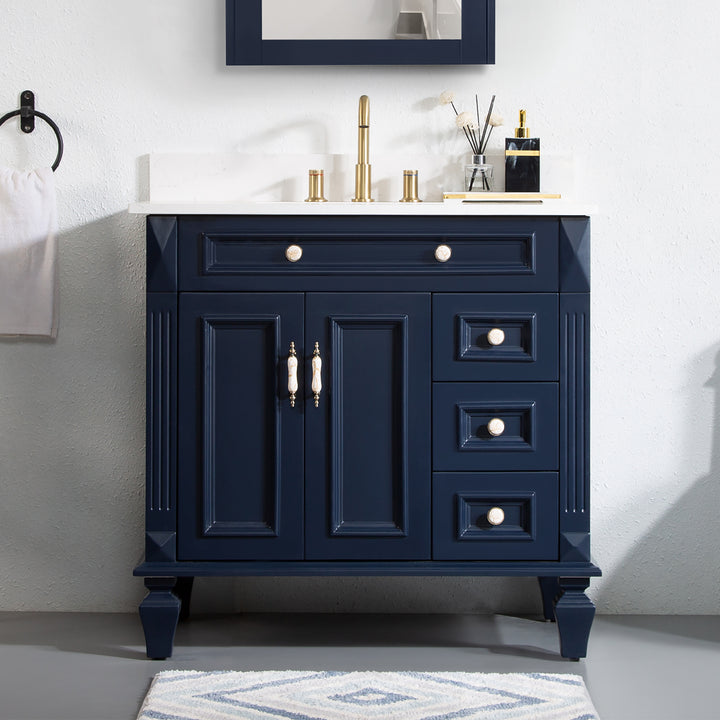 36 in. Navy Blue Freestanding Solid Wood Bathroom Vanity Storage Organizer with Carrara White Quartz Countertop