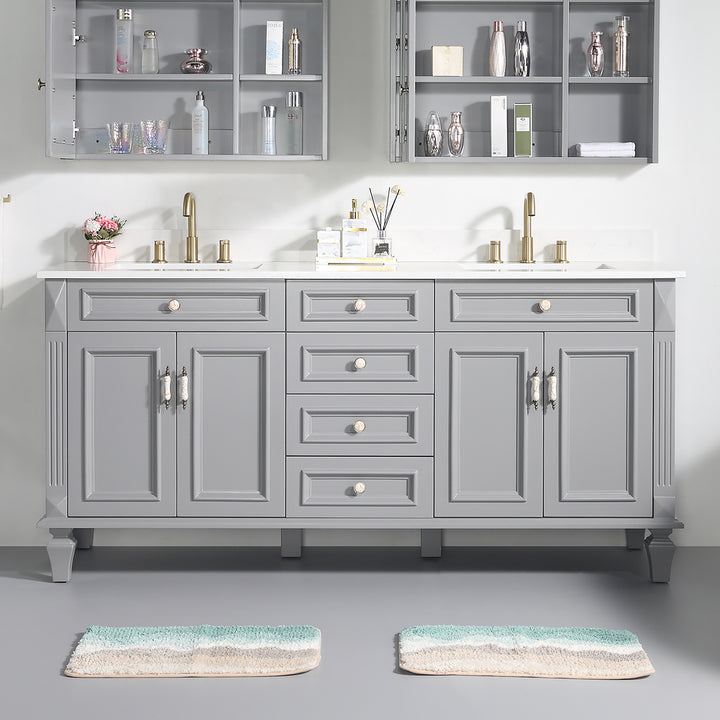 72 in. Titanium Grey Freestanding Solid Wood Bathroom Vanity Storage Organizer with Carrara White Quartz Countertop