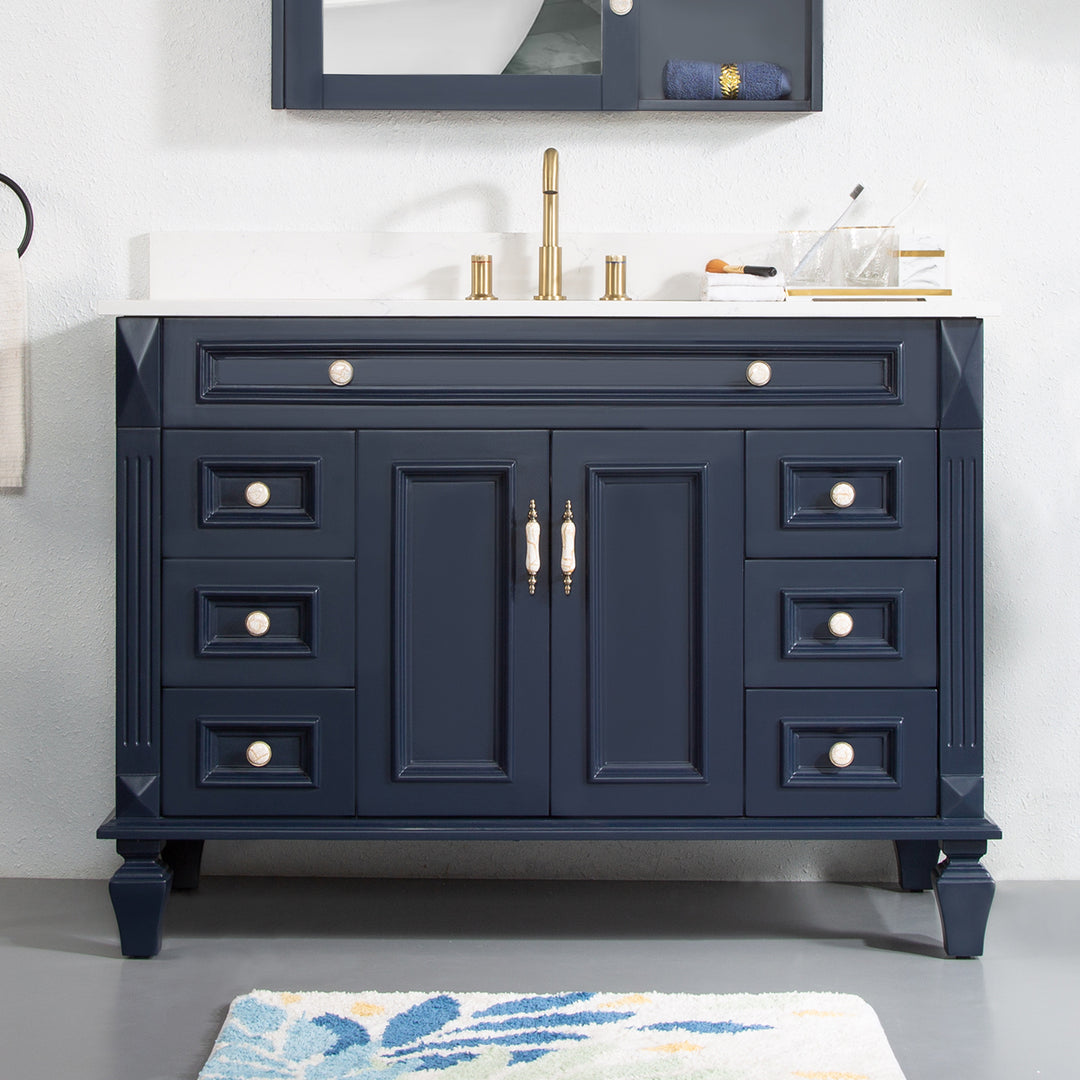 48 in. Navy Blue Single Sink Freestanding Solid Wood Bathroom Vanity Storage Organizer with Carrara White Quartz Countertop