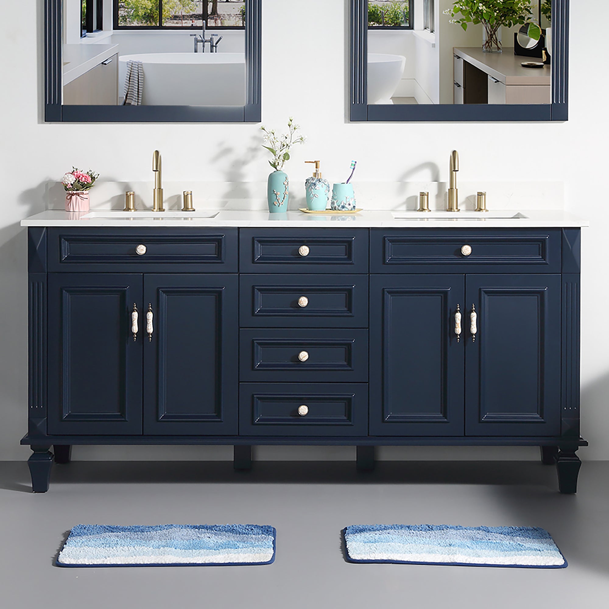 72 in. Navy Blue Freestanding Solid Wood Bathroom Vanity Storage Organizer with Carrara White Quartz Countertop