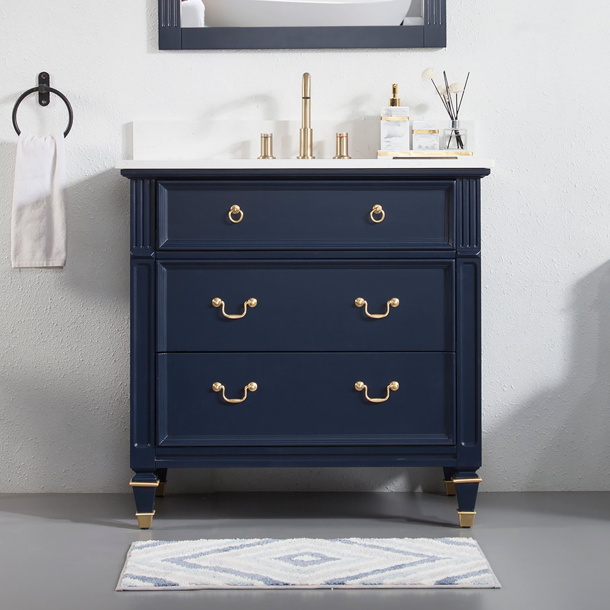 36 in. Navy Blue Single Sink Freestanding Solid Wood Bathroom Vanity Storage Organizer with Carrara White Quartz Countertop