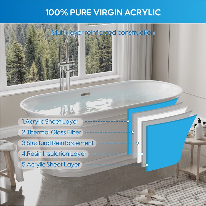 67" Acrylic Freestanding Soaking Bathtub in White with Overflow and Drain