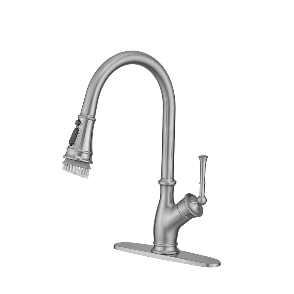 Single Handle Pull Down Sprayer Kitchen Faucet with 360° Rotation and Deckplate in Brushed Nickel