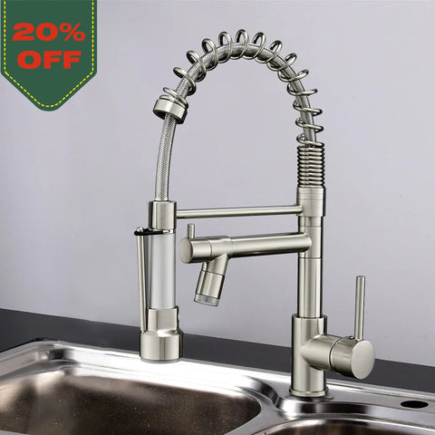 Single Handle Pull Down Sprayer Kitchen Faucet with 360° Rotation and LED Lights in Brushed Nickel