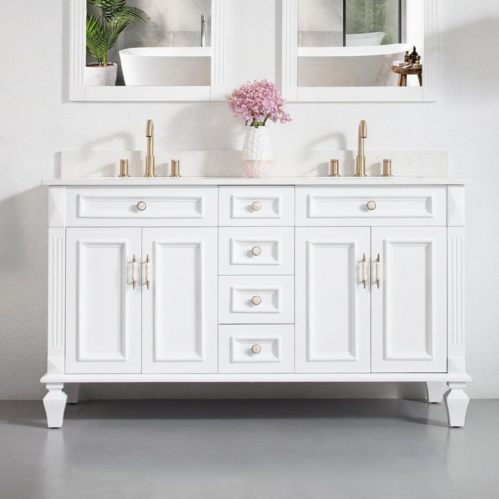 60 in. White Freestanding Solid Wood Bathroom Vanity Storage Organizer with Carrara White Quartz Countertop