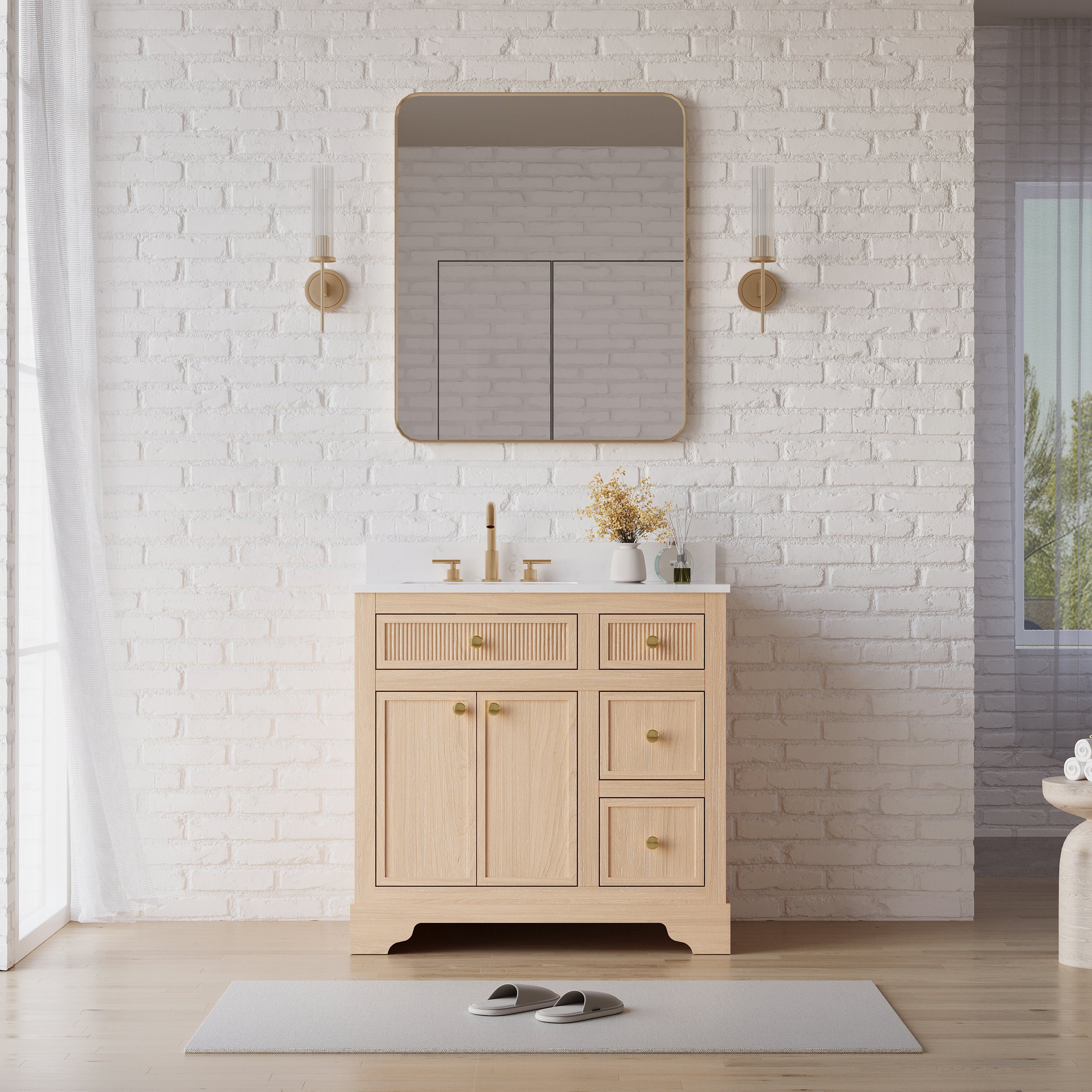 36-Inch Freestanding Bathroom Vanity with Carrera White Top Sink-LIGHT WOOD